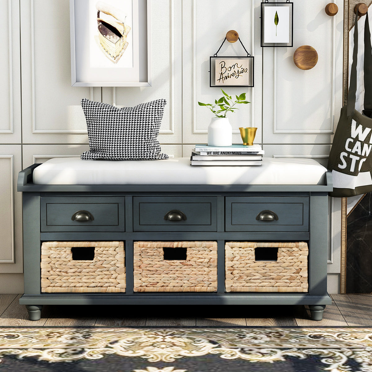 HAOYYE Rustic Storage Bench with Three Drawers and Three Rattan Baskets, Shoe Bench for Living Room or Entryway, Antique Navy, Sturdy Space-Saving Design, Heavy Duty Construction, Easy Assembly, Durable and Stylish Home Furniture