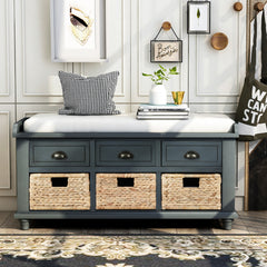 HAOYYE Rustic Storage Bench with Three Drawers and Three Rattan Baskets, Shoe Bench for Living Room or Entryway, Antique Navy, Sturdy Space-Saving Design, Heavy Duty Construction, Easy Assembly, Durable and Stylish Home Furniture