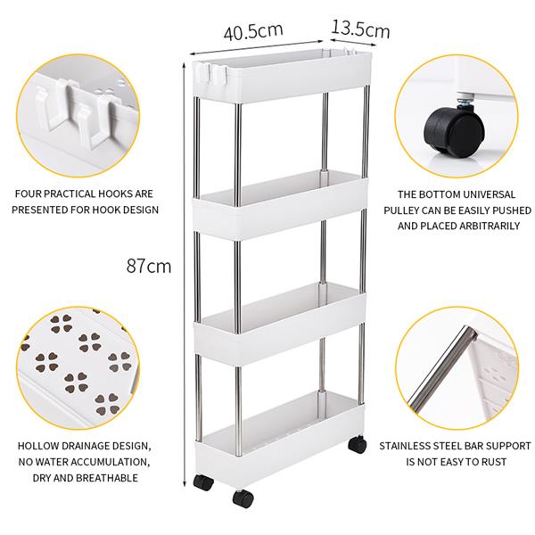 HAOYYE 4 Layer Ultra Thin Mobile Slim Storage Cart White Multi Functional Rolling Organizer with Wheels for Kitchen Bathroom Laundry Room Narrow Spaces Plastic and Stainless Steel Space Saving Design