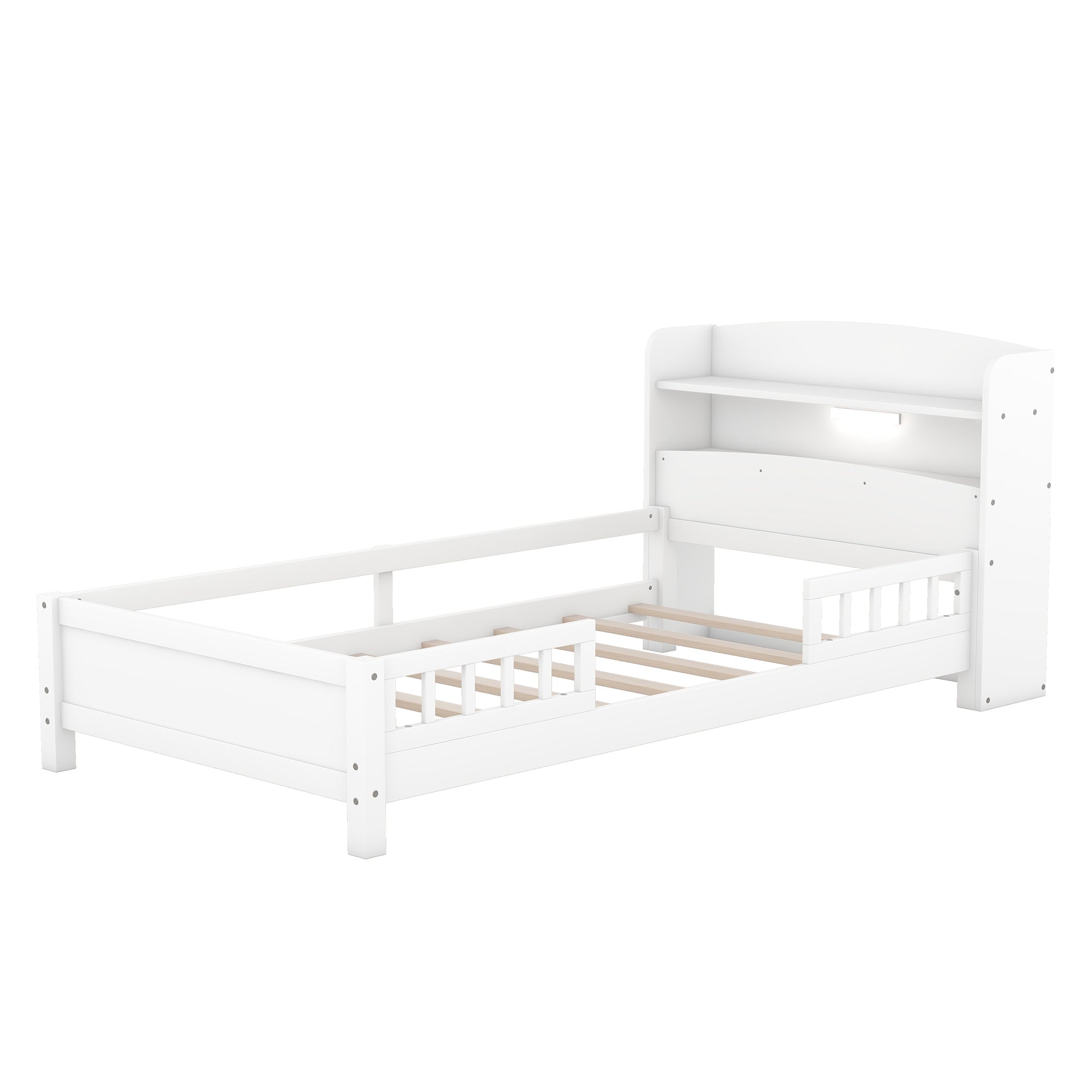 HAOYYE Wood Twin Size Platform Bed with Built-in LED Light, Storage Headboard and Guardrail, White Sturdy Space-Saving Heavy Duty Modern Design Adults Dorm Room Easy Assembly Bedroom Furniture