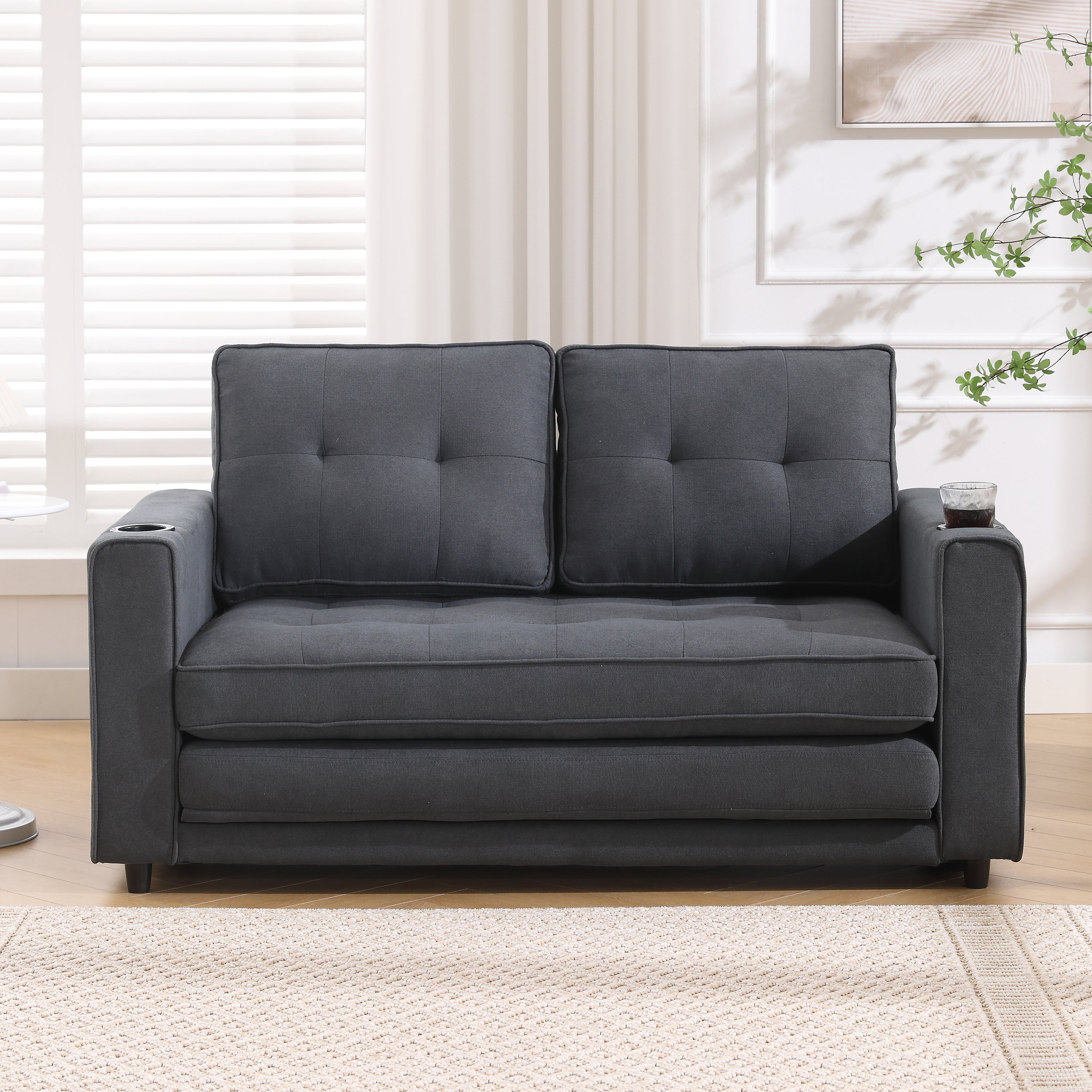HAOYYE 3-in-1 Upholstered Convertible Futon Sofa Bed, Foldable Tufted Loveseat with Pull-Out Sleeper, Daybed with Side Pockets and Cup Holder, Dark Gray Sturdy Space-Saving Modern Design Easy Assembly