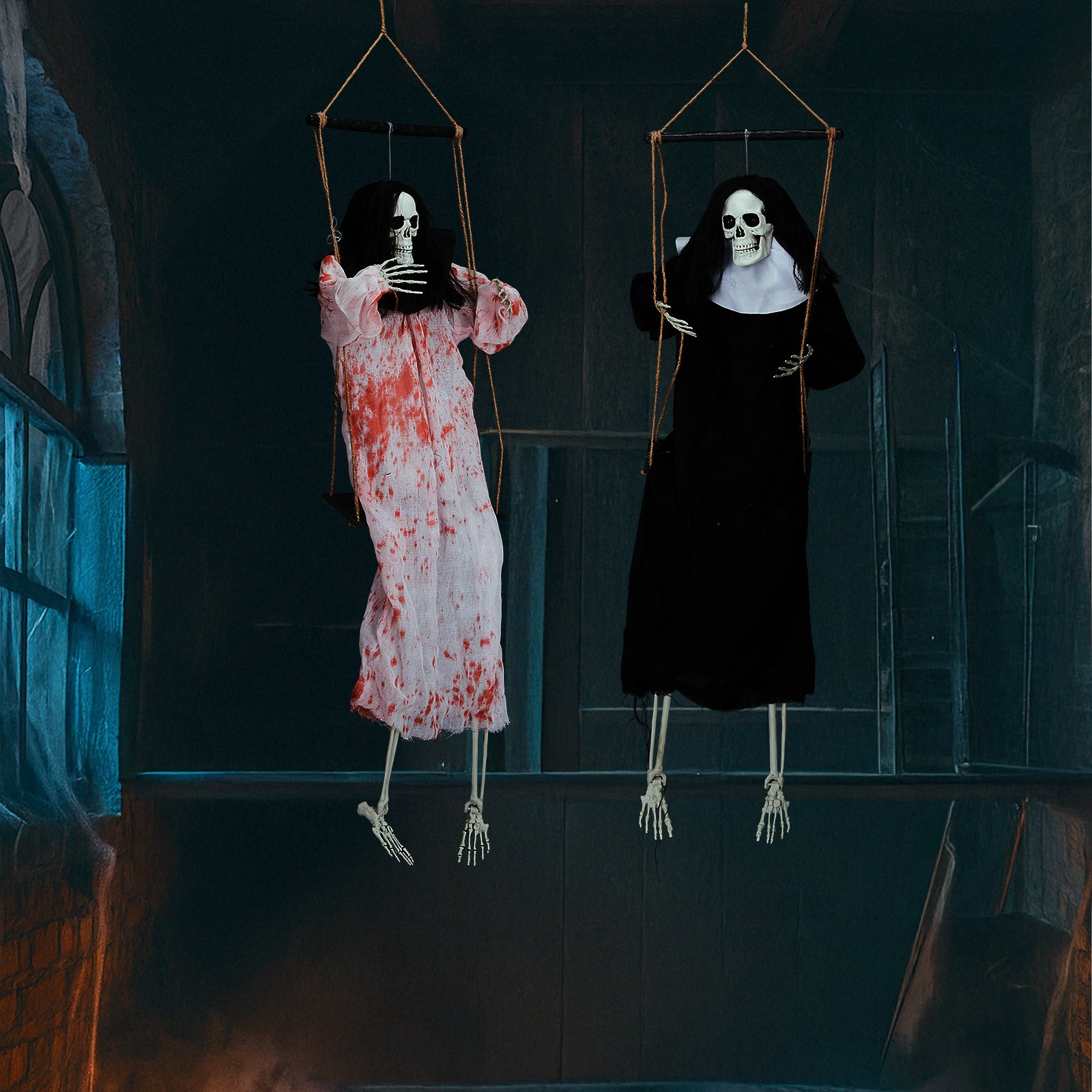 HAOYYE Black Outdoor Halloween Decorations Hanging Ghosts with Light Up Eyes and Screaming Sound, 2 Pack Grim Reaper Halloween Props for Yard Patio Garden Porch, Battery Powered Spooky Halloween Decor