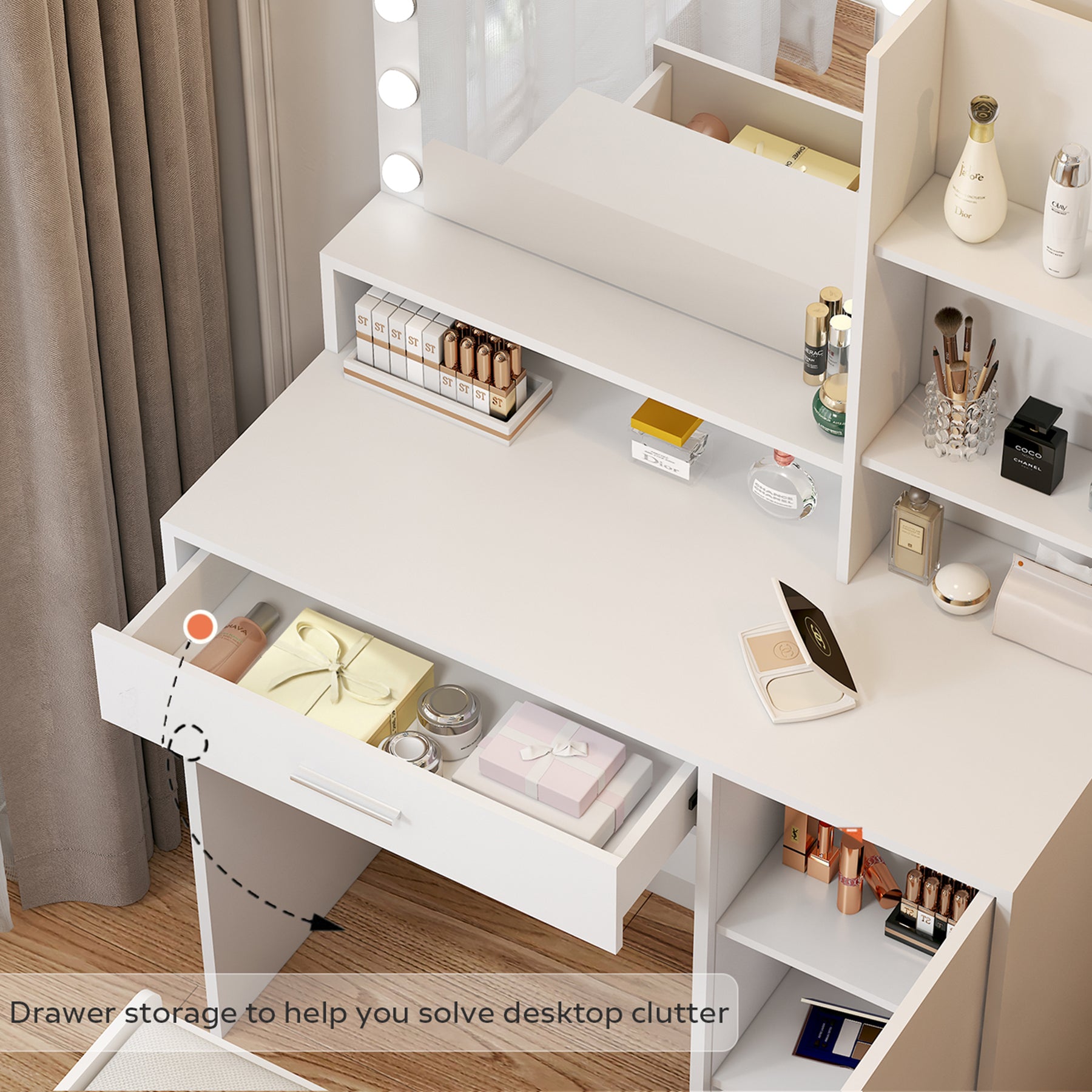 HAOYYE Vanity Desk with Mirror & Light, Large Drawer Three-Level Storage Dresser, 3 Lighting Modes with Adjustable Brightness, Modern Luxury Bedroom Dressing Table, White with Stool