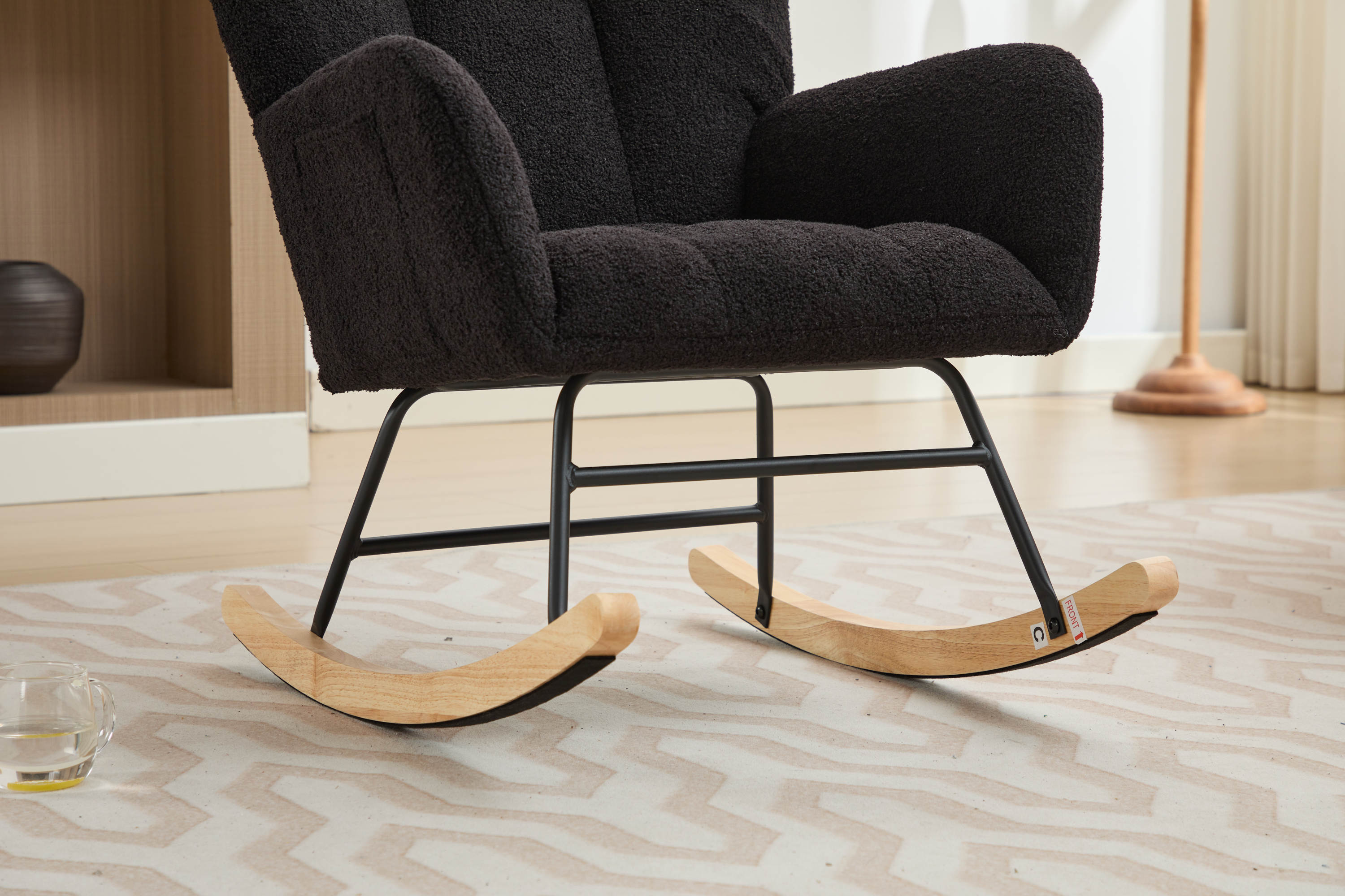 Haoyye Black Modern Nursery Rocking Chair with High Backrest, Soft Teddy Upholstered Glider Accent Armchair with Solid Wood Legs, Gentle Rocker for Bedroom, Living Room, or Nursery, Sturdy and Space-Saving Design for Adults