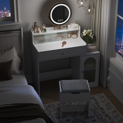 HAOYYE White Vanity Desk with 360° Rotated Mirror and Adjustable Lights, Girls Makeup Vanity Table with Storage Drawer, Side Cabinet with Waveform Glass Doors, Stylish Dressing Table with Chair for Bedroom, Elegant Storage Solution for Beauty Essentials.