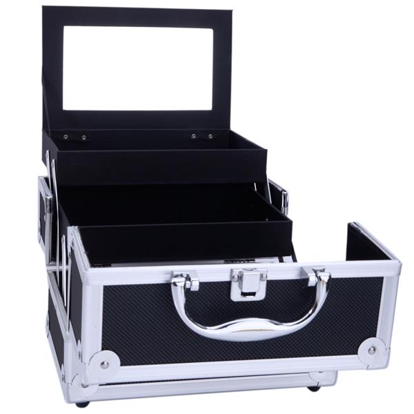 HAOYYE SM-2176 Aluminum Makeup Train Case, Black Cosmetic Organizer with Mirror, Compact and Durable Jewelry Box, Stylish Space-Saving Design, Perfect for Travel or Home