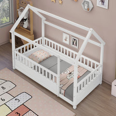 HAOYYE Twin Size Floor Wooden Bed with House Roof Frame, Fence Guardrails,White Sturdy Space-Saving Heavy Duty Modern Design Adults Dorm Room Easy Assembly Bedroom Furniture