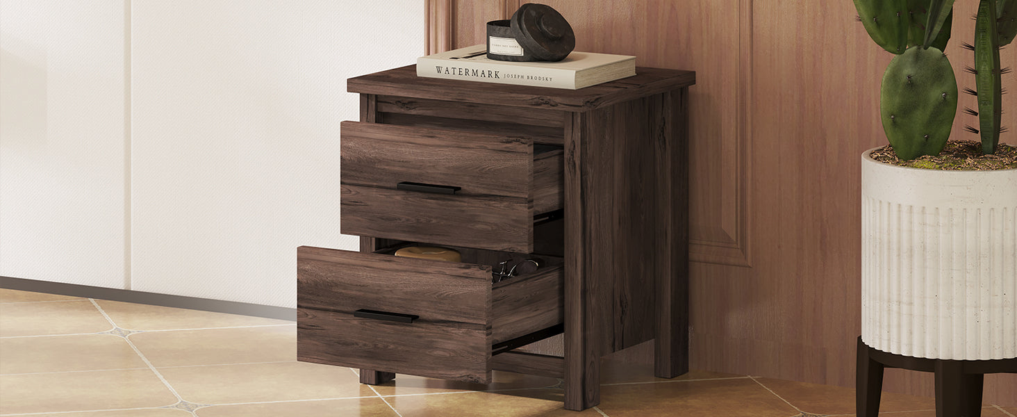 HAOYYE Vintage Nightstand with Two Drawers, Dark Walnut Sturdy Space-Saving Design, Heavy Duty Modern Bedroom Furniture for Adults, Easy Assembly