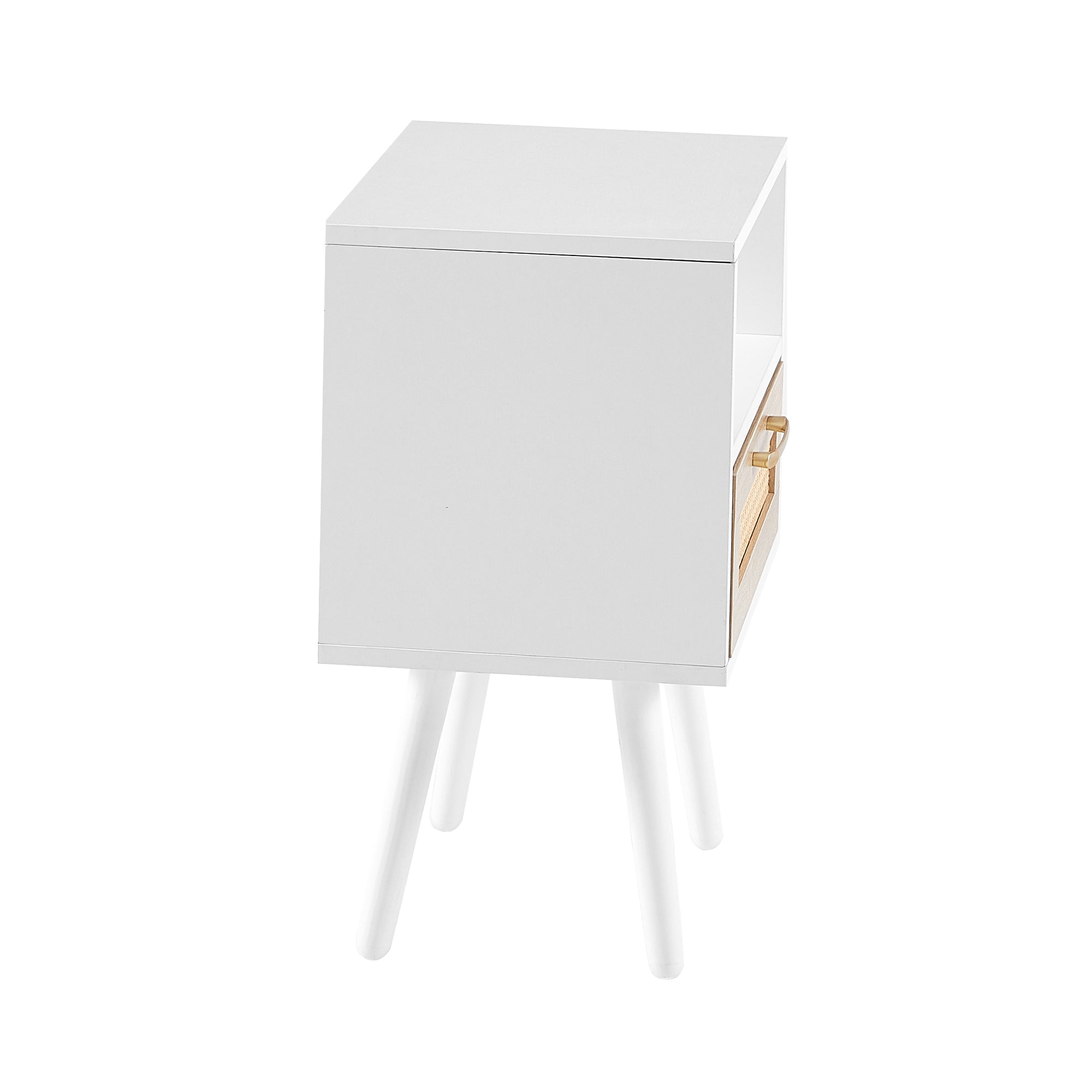 HAOYYE Rattan End Table With Drawer And Solid Wood Legs, Modern Nightstand For Bedroom And Living Room, Sturdy Space-Saving Heavy Duty Design, Easy Assembly, White