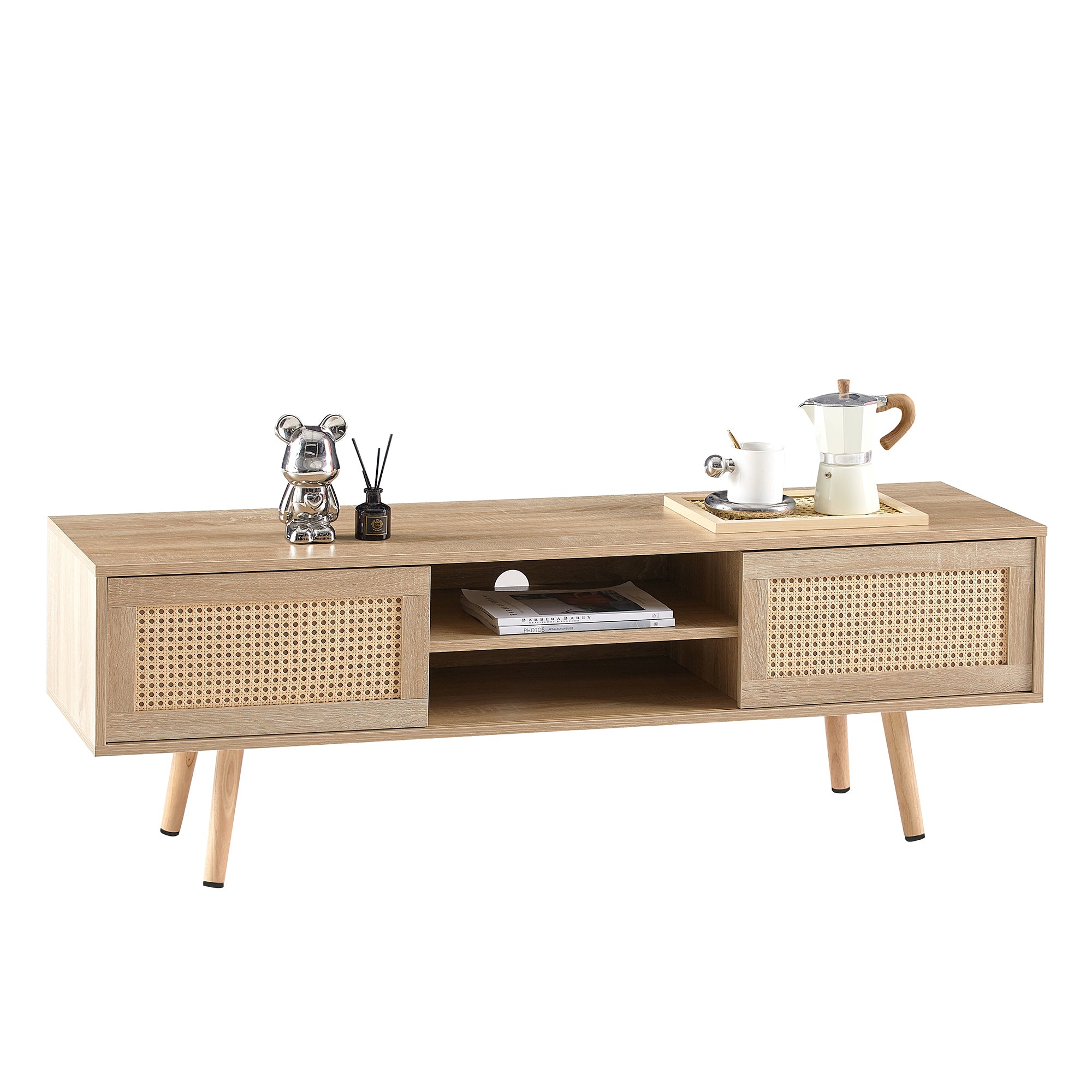 HAOYYE 55.12" Rattan TV cabinet, double sliding doors for storage, adjustable shelf, solid wood legs, TV console for living room ,natural Sturdy Space-Saving Heavy Duty Modern Design Adults Dorm Room