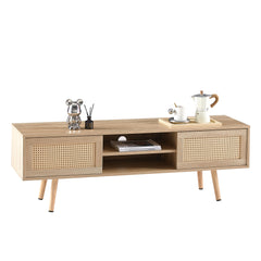 HAOYYE 55.12" Rattan TV cabinet, double sliding doors for storage, adjustable shelf, solid wood legs, TV console for living room ,natural Sturdy Space-Saving Heavy Duty Modern Design Adults Dorm Room