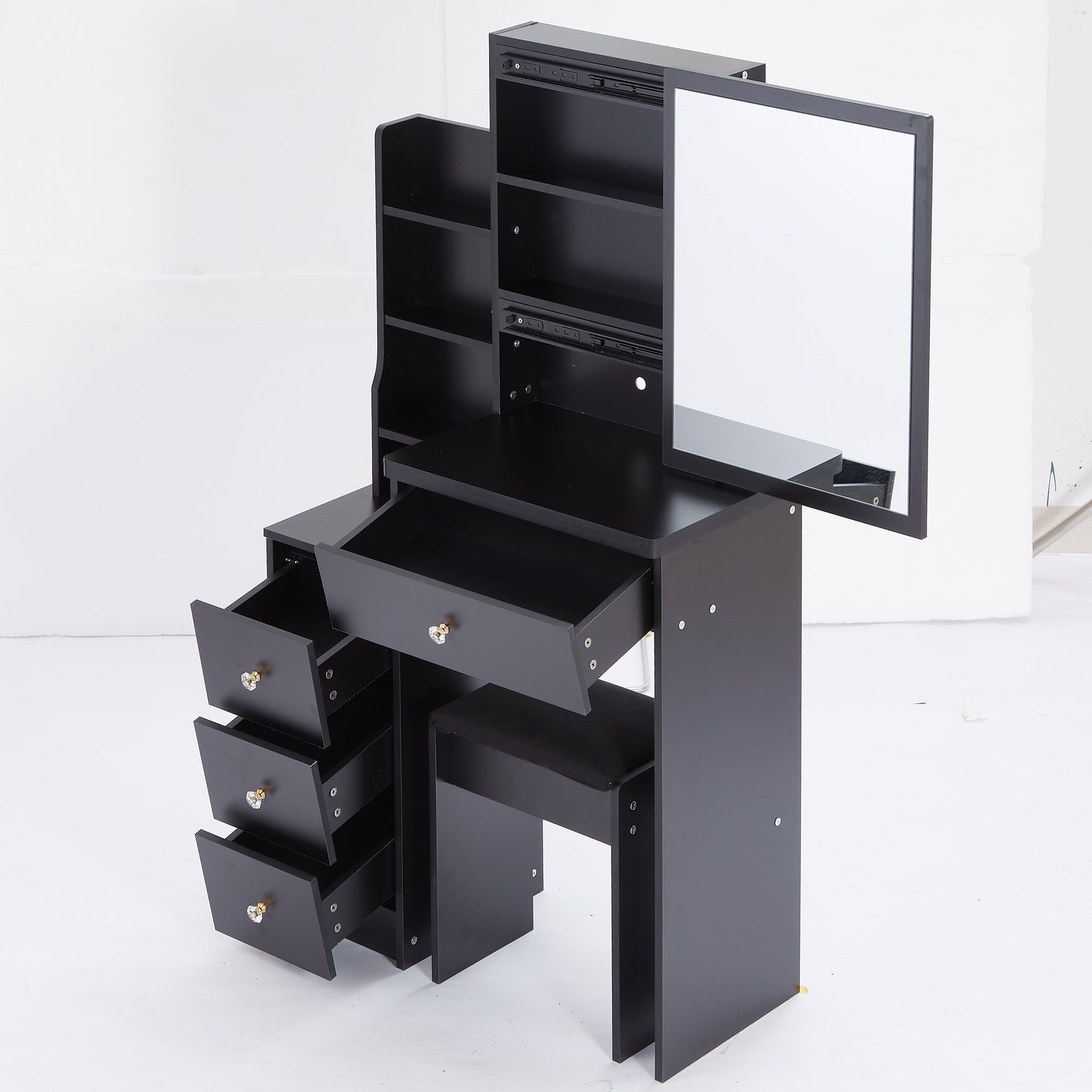 HAOYYE Compact Left-Side Bedside Vanity Table With Cushioned Stool, Sliding Mirror, Multi-Layer High Capacity Storage, Stylish Design, Perfect For Small Spaces, Certified EPA, GCC, UL