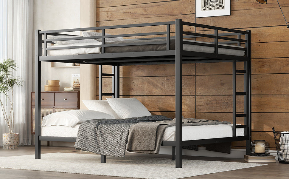 HAOYYE Metal Queen over Queen Bunk Bed for Teens and Adults,Space-Saving/Noise Reduced/No Box Spring Needed, Black Sturdy Heavy Duty Modern Design Dorm Room Easy Assembly Bedroom Furniture