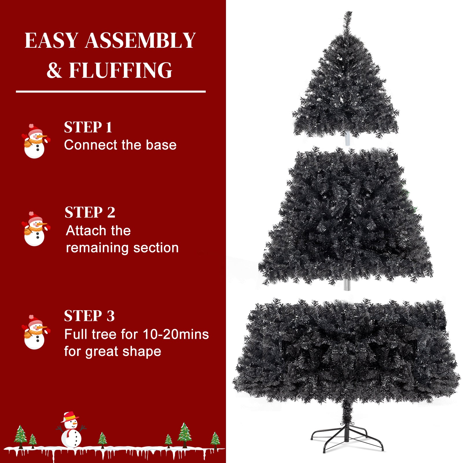 HAOYYE Black Christmas Tree Artificial PVC Holiday Decoration Tree with 1050 Realistic Branch Tips Stable Metal Base Easy Assembly Flame-Resistant for Home Office Indoor Winter Holiday Display
