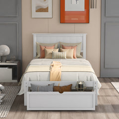 HAOYYE Modern Twin Platform Bed with Under-bed Drawer, White Sturdy Space-Saving Heavy Duty Design, Easy Assembly Bedroom Furniture for Dorms and Adults