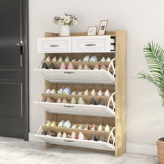 HAOYYE White and Oak Shoe Cabinet with 3 Doors and 2 Drawers, Large Storage Space, Sturdy Space-Saving Design, Heavy Duty Construction, Easy Assembly, Durable and Stylish Home Furniture
