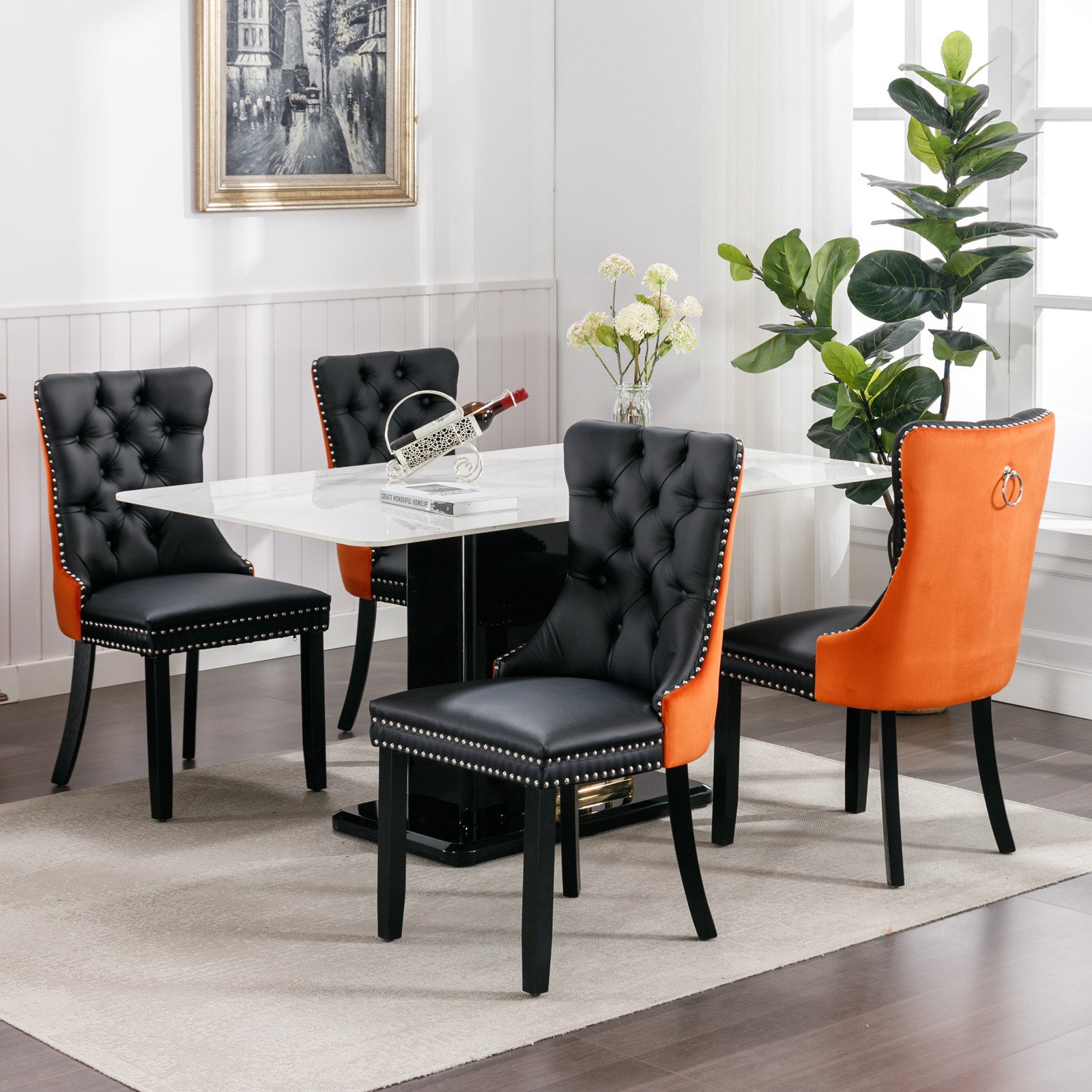 HAOYYE Nikki Collection Modern, High-end Tufted Solid Wood Contemporary PU and Velvet Upholstered Dining Chair with Wood Legs Nailhead Trim 2-Pcs Set lack+Orange, SW2101BO Sturdy Space-Saving