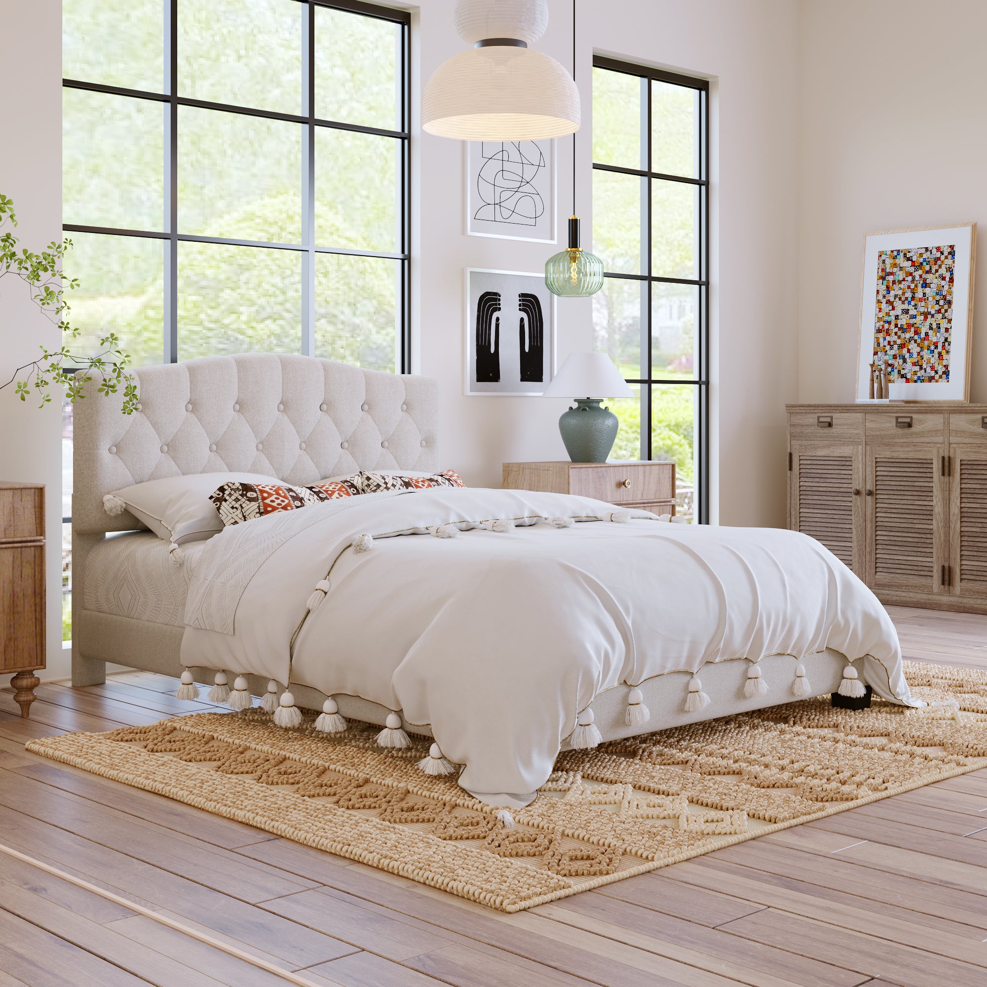HAOYYE Upholstered Platform Bed with Saddle Curved Headboard and Diamond Tufted Details, Queen, Beige Sturdy Space-Saving Heavy Duty Modern Design Adults Dorm Room Easy Assembly Bedroom Furniture