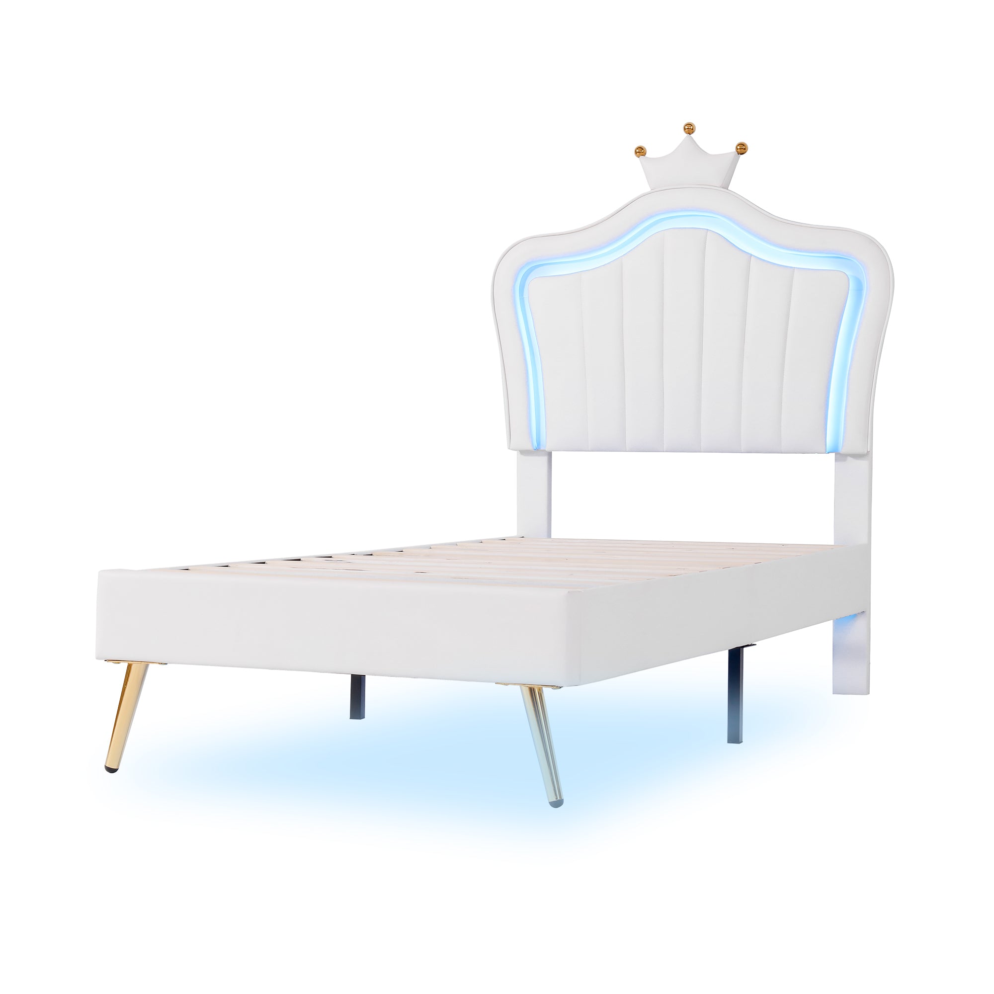 HAOYYE Twin Size Upholstered Bed Frame with LED Lights, Modern Upholstered Princess Bed With Crown Headboard,White Sturdy Space-Saving Heavy Duty Modern Design Adults Dorm Room Easy Assembly