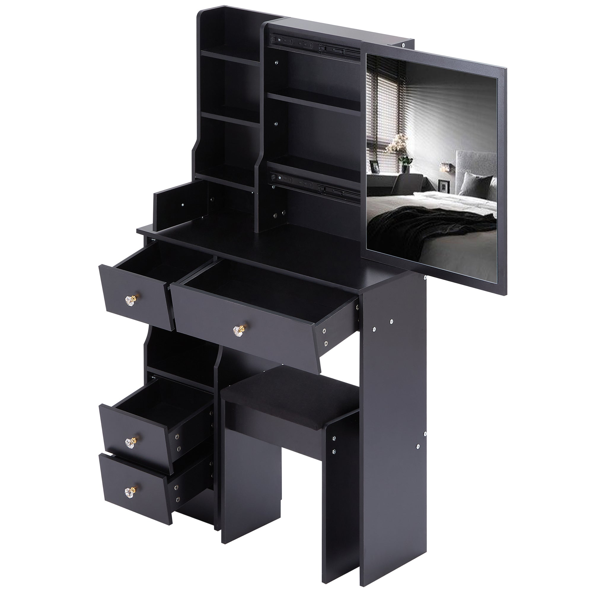 HAOYYE Small Size Left Drawer Desktop Vanity Table + Cushioned Stool, Extra Large Sliding Mirror, Multi Layer, High Capacity Storage Fashionable Dresser, Suitable for Small Space, EPA,GCC,UL Certificate