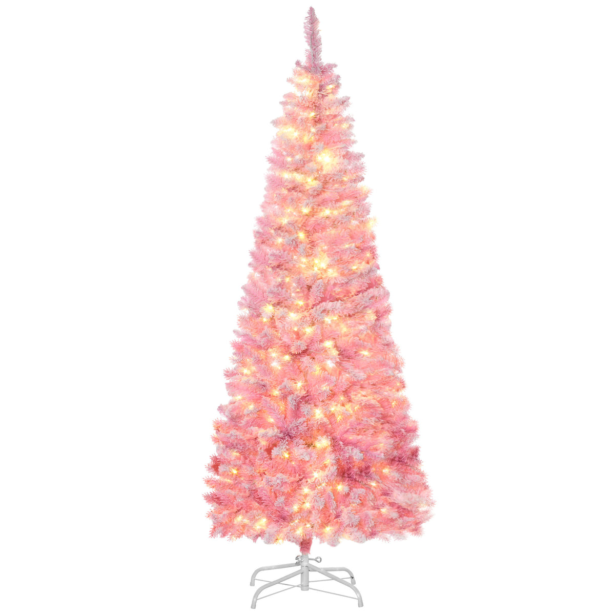 HAOYYE 6ft Prelit Snow Flocked Artificial Christmas Tree with Pencil Shape, Pine Realistic Branches, Warm White LED lights, Auto Open, Pink and White Sturdy Space-Saving Heavy Duty Modern Design