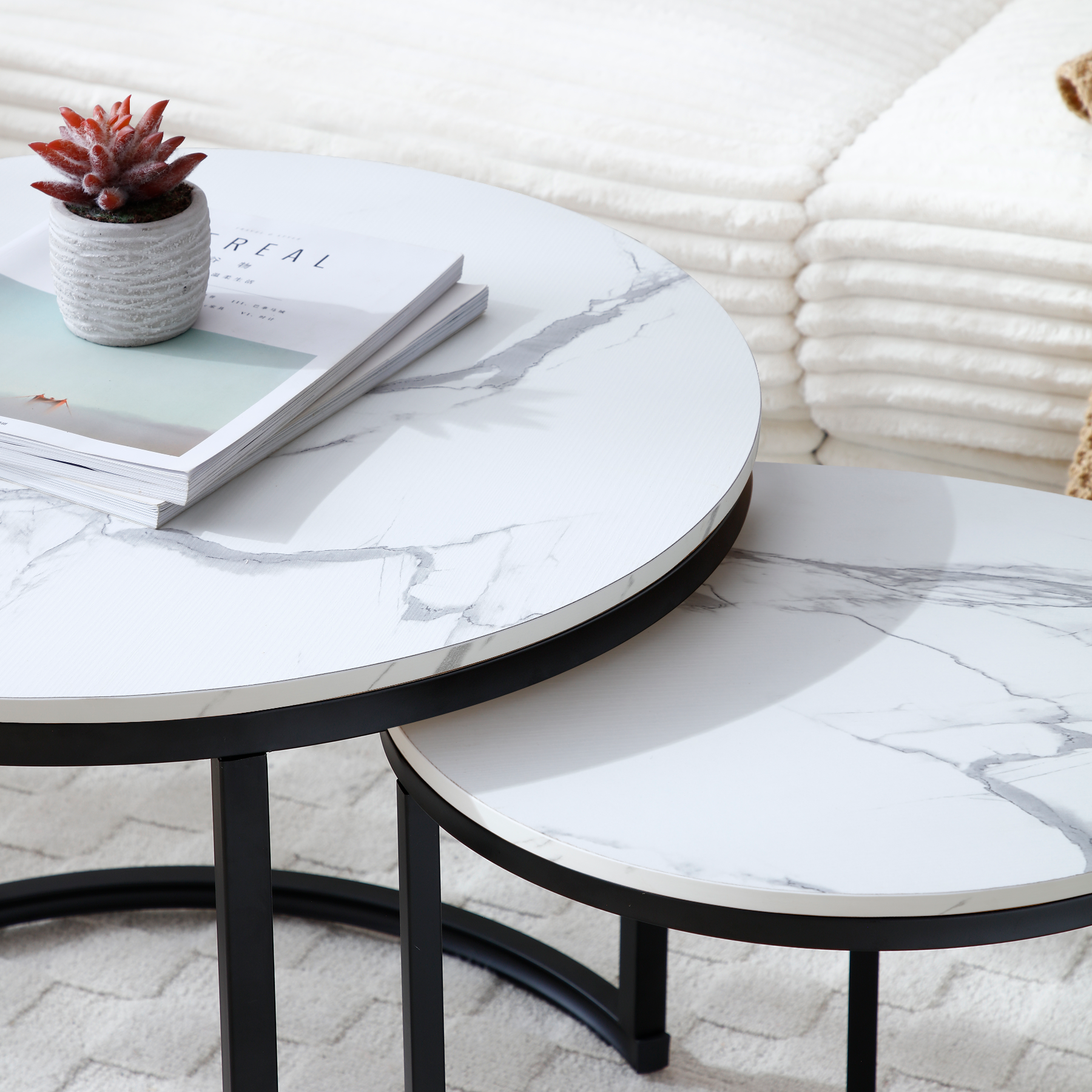 HAOYYE Set of 2 Round Nesting Coffee Tables with White and Gray Marble Pattern Tops and Black Metal Frame, Modern Industrial Accent Side Tables for Living Room Bedroom Apartment Office or Small Spaces