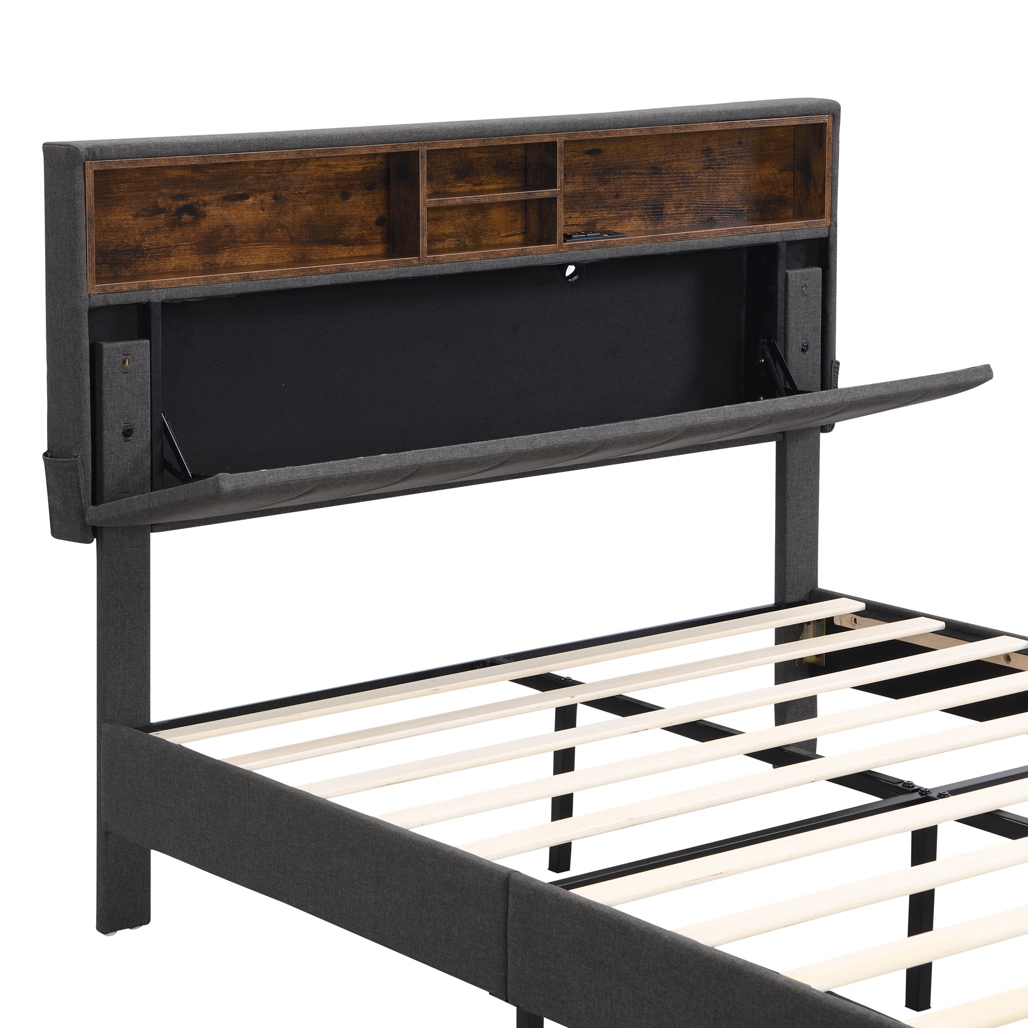HAOYYE Full size Upholstered Platform Bed with Storage Headboard and USB Port, Linen Fabric Upholstered Bed (Gray) Sturdy Space-Saving Heavy Duty Modern Design Easy Assembly Durable Stylish Home Furniture