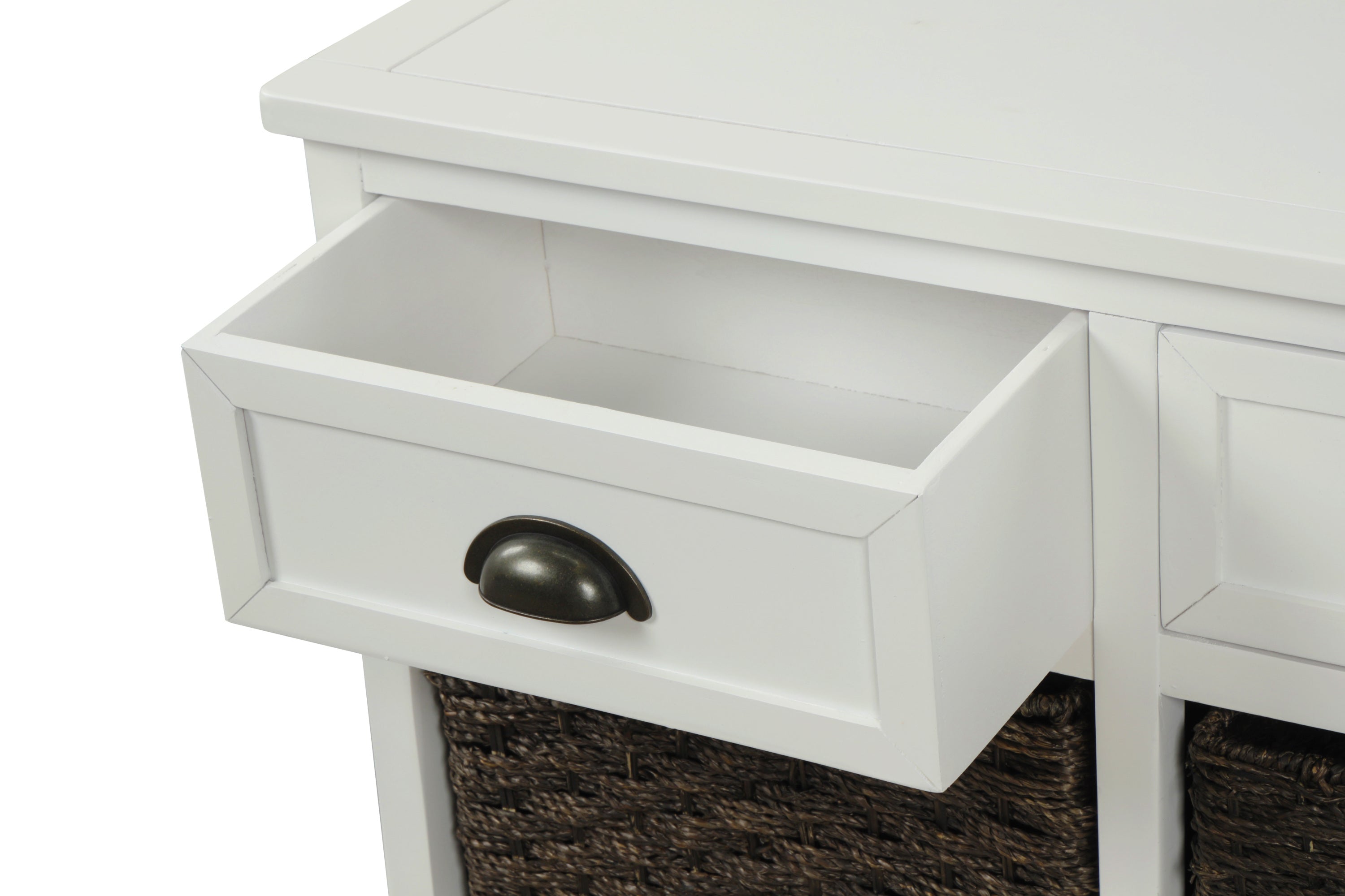 HAOYYE Rustic Storage Cabinet with Two Drawers and Four Classic Rattan Baskets for Dining Room or Living Room, White, Sturdy Space-Saving Design, Heavy Duty Construction, Easy Assembly, Durable and Stylish Home Furniture
