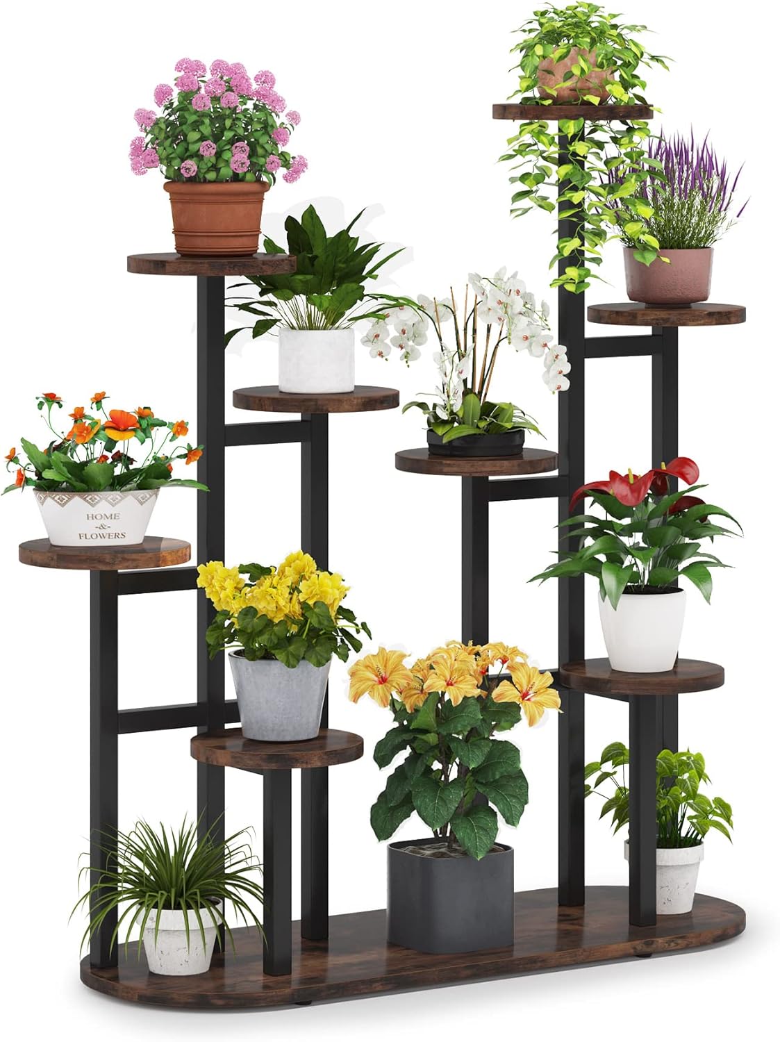 HAOYYE Multi-Tier Metal Plant Stand with High and Low Shelf Design for Indoor Outdoor Use, Holds 11 Pots or More, Space-Saving Flower Stand for Balcony Garden Patio Living Room, Sturdy Wood and Metal Construction