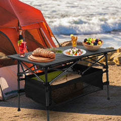 HAOYYE Folding Camping Table With 220 lbs Load Capacity, Aluminum Roll-Top And Steel Frame, Tool-Free 30-Second Setup, Detachable Mesh Basket, Portable Outdoor Picnic, BBQ, Beach Table With Carry Bag