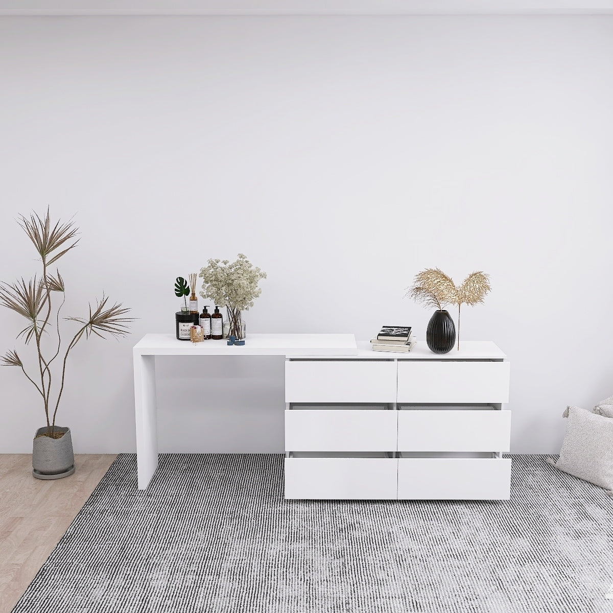 HAOYYE Extended Desktop 6-Drawer Dresser, White Modern Chest without Handles, Sturdy Space-Saving Design, Heavy Duty Construction, Ideal for Bedroom, Vanity, Dorm Room, Easy Assembly