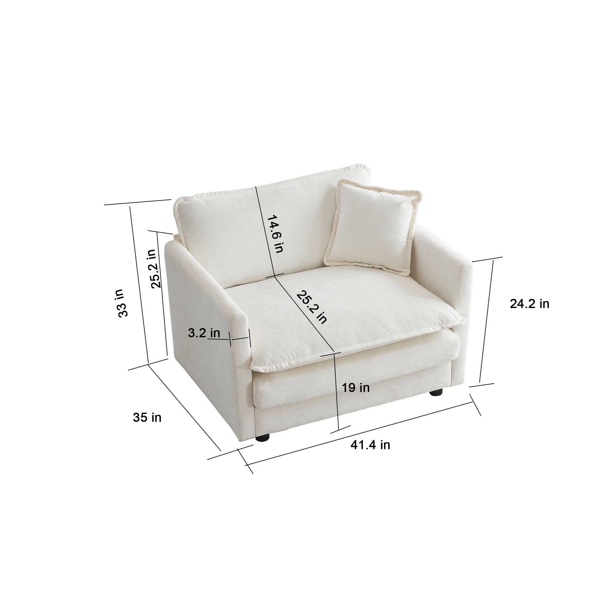 HAOYYE Comfy Deep Single Seat Sofa Upholstered Reading Armchair Living Room Chair White Chenille Fabric , 1 Toss Pillow Sturdy Space-Saving Heavy Duty Modern Design Adults Dorm Room Easy Assembly