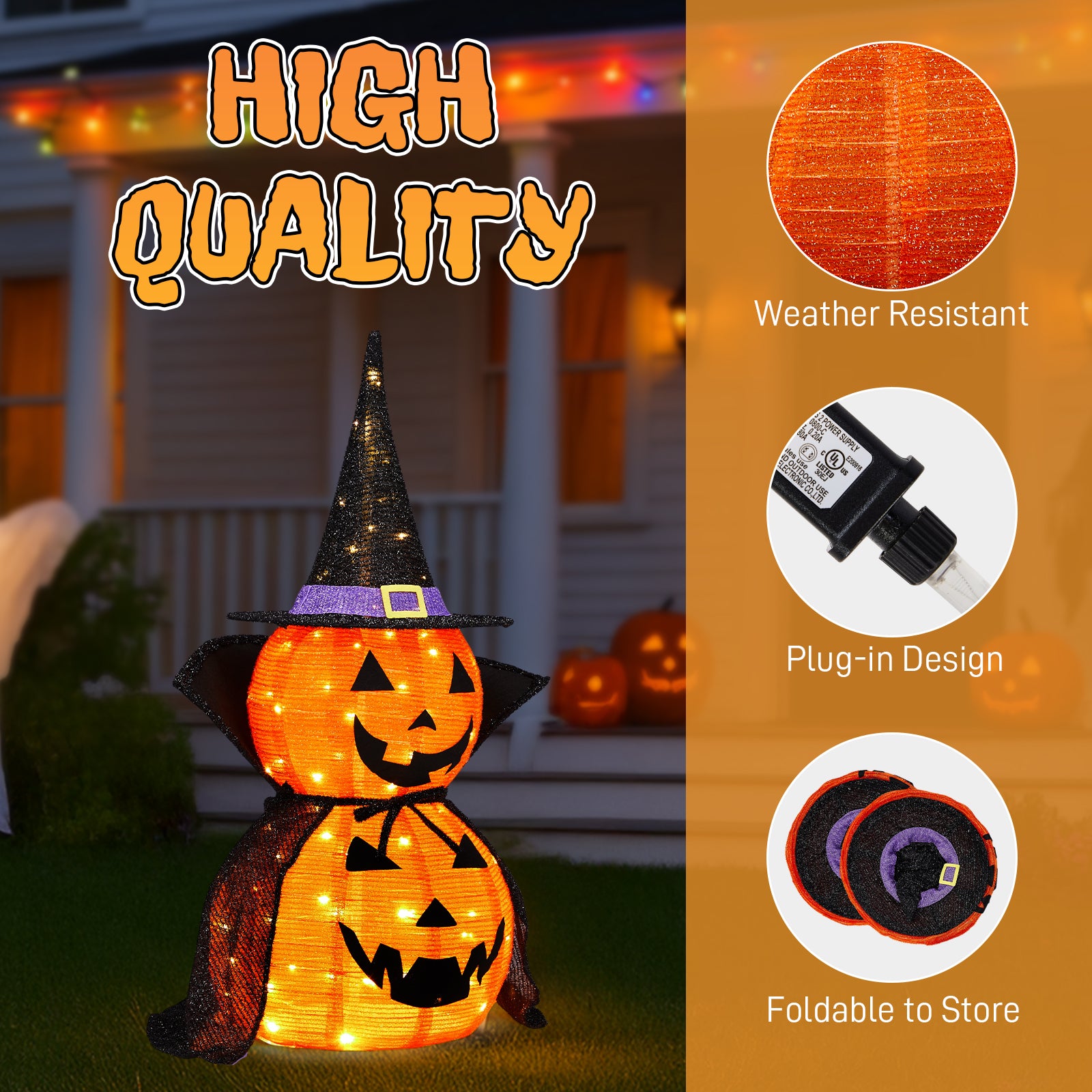 HAOYYE Black Halloween Pumpkin Decorations 2-Pack Collapsible Lighted Jack-O-Lanterns with 176 Warm LED Lights, Metal Frame Pop-Up Pumpkin Lamps with Wizard Capes for Indoor Outdoor Garden Patio Party Decor