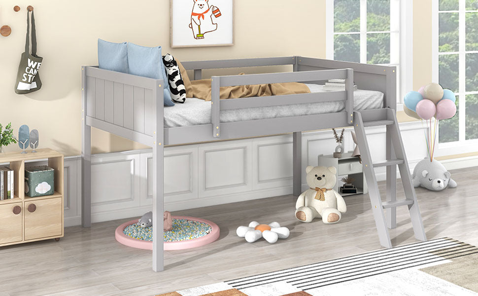 HAOYYE Twin Size Wood Low Loft Bed with Ladder, ladder can be placed on the left or right, Gray Sturdy Space-Saving Heavy Duty Modern Design Adults Dorm Room Easy Assembly Bedroom Furniture