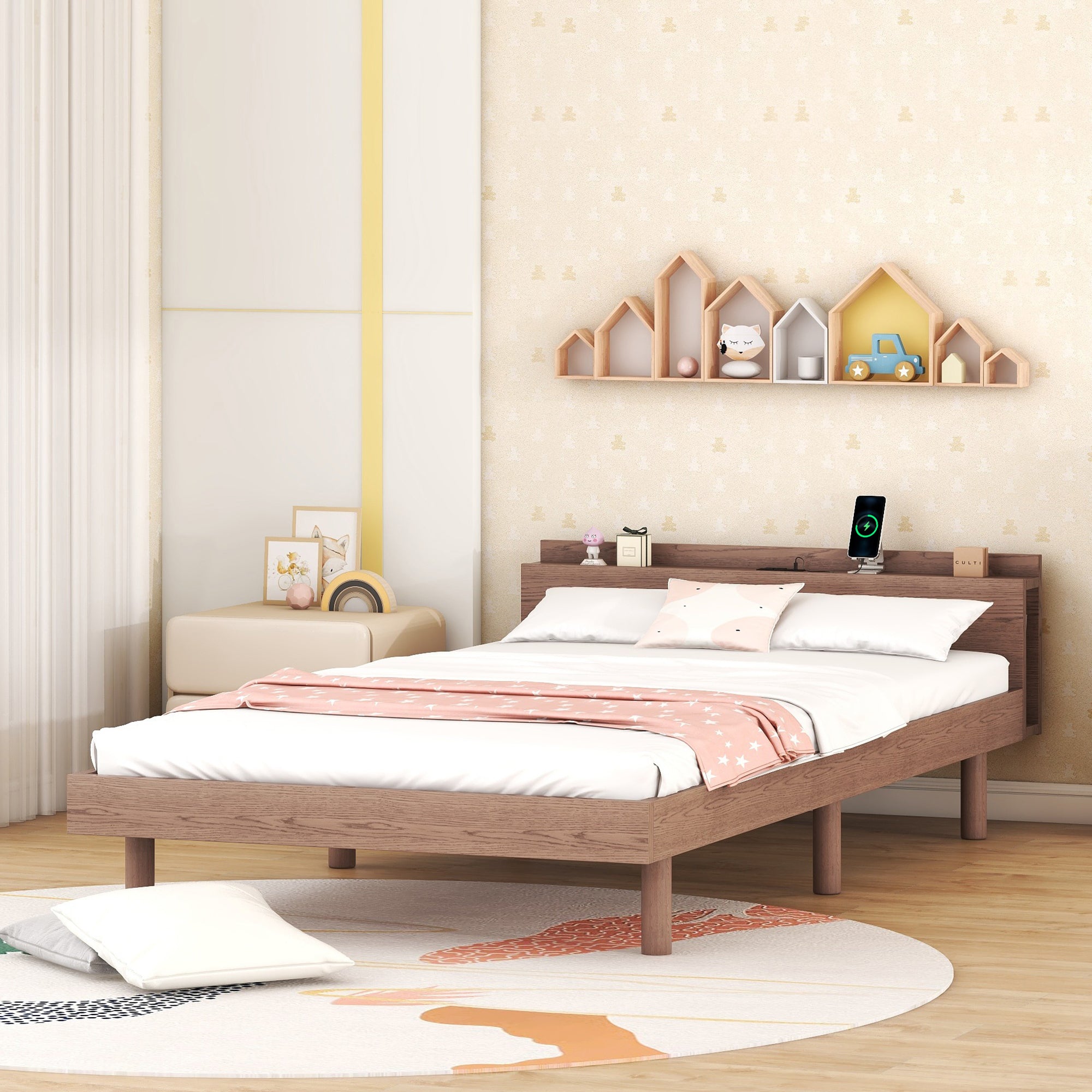 HAOYYE Modern Design Twin Size Platform Bed Frame with Built-in USB port for Walnut Color Sturdy Space-Saving Heavy Duty Easy Assembly Durable Stylish Home Furniture Versatile