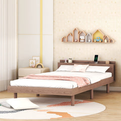 HAOYYE Modern Design Twin Size Platform Bed Frame with Built-in USB port for Walnut Color Sturdy Space-Saving Heavy Duty Easy Assembly Durable Stylish Home Furniture Versatile