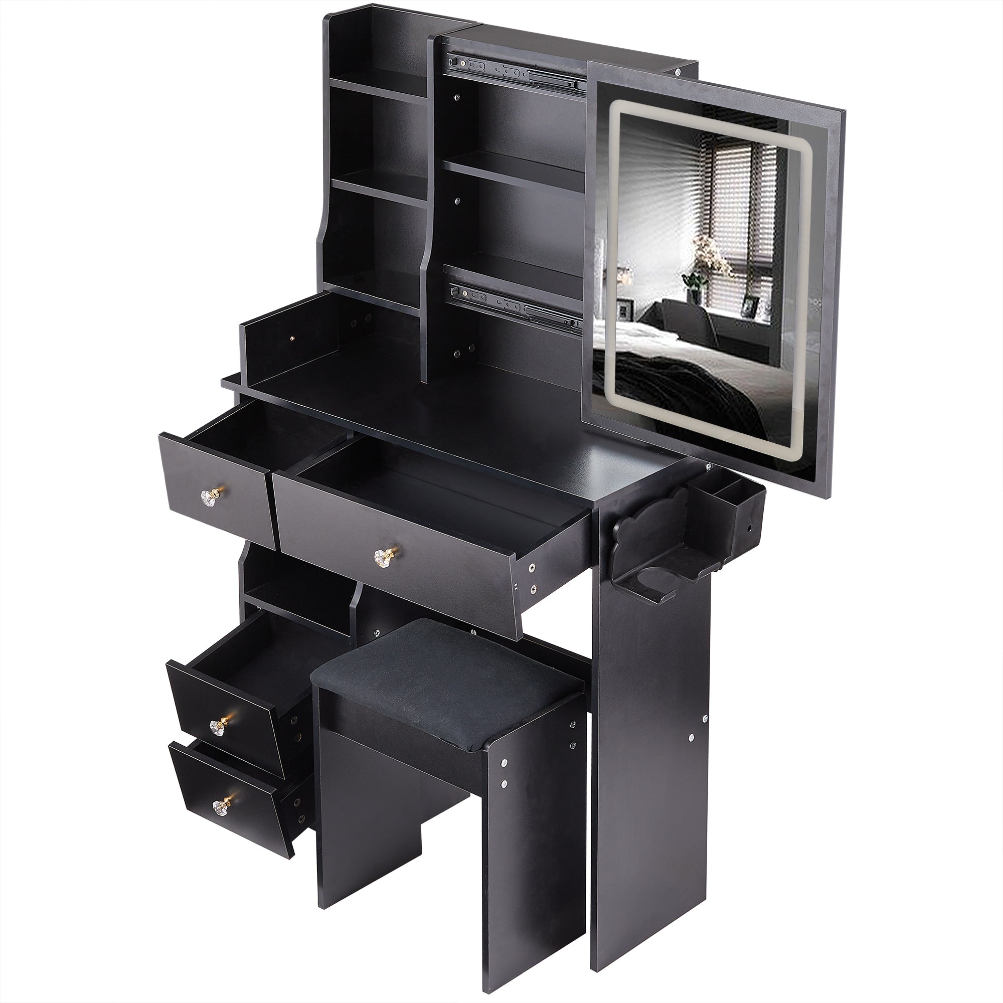 HAOYYE Small Size Left Drawer Desktop Vanity Table + Cushioned Stool, 2 AC+2 USB Power Station, Hair dryer bracket, Extra Large Touch Control Sliding LED Mirror, Tri-color Switching, EPA,GCC,UL Certificate
