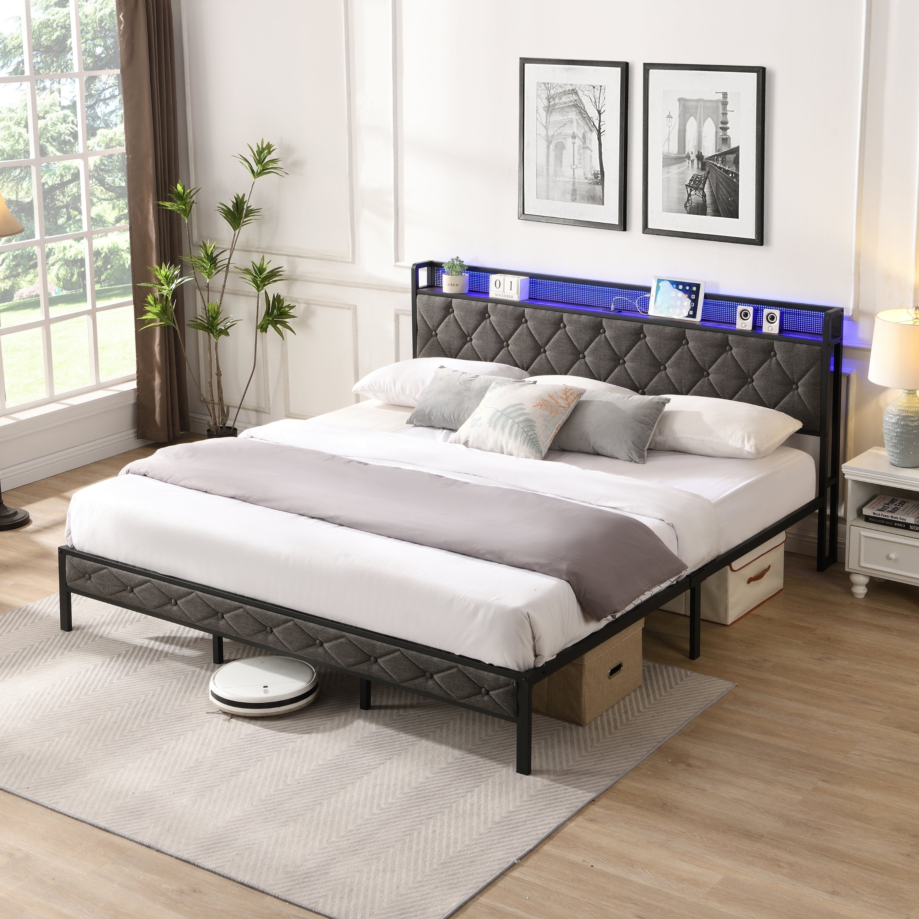 HAOYYE King Bed Frame with Storage Headboard, Charging Station and LED Lights, Upholstered Platform Bed with Heavy Metal Slats, No Box Spring Needed, Noise Free, Easy Assembly, Dark Gray Sturdy Space-Saving