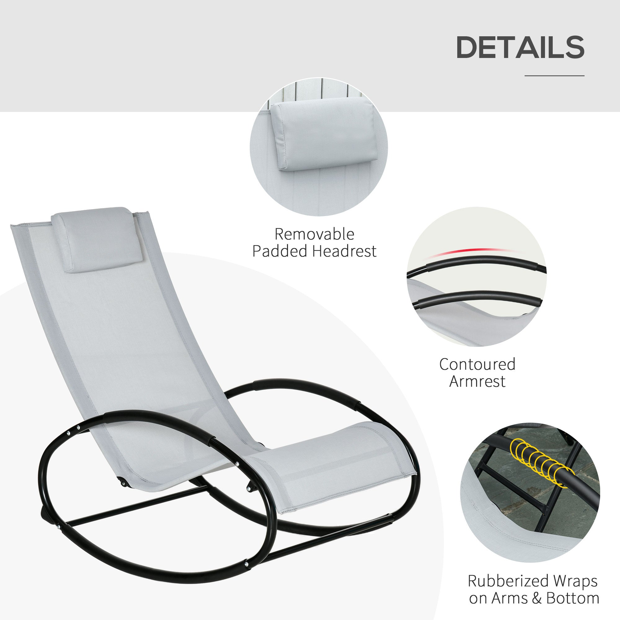 HAOYYE Grey Outdoor Rocking Chair with Breathable Mesh Fabric and Pillow Headrest, Powder-Coated Steel Frame for Water Resistance, Safety Rocker Stoppers, Rubber Floor Protectors, Comfortable Armrests, Perfect for Patio, Garden, and Lounge Seating