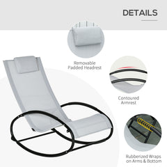 HAOYYE Grey Outdoor Rocking Chair with Breathable Mesh Fabric and Pillow Headrest, Powder-Coated Steel Frame for Water Resistance, Safety Rocker Stoppers, Rubber Floor Protectors, Comfortable Armrests, Perfect for Patio, Garden, and Lounge Seating