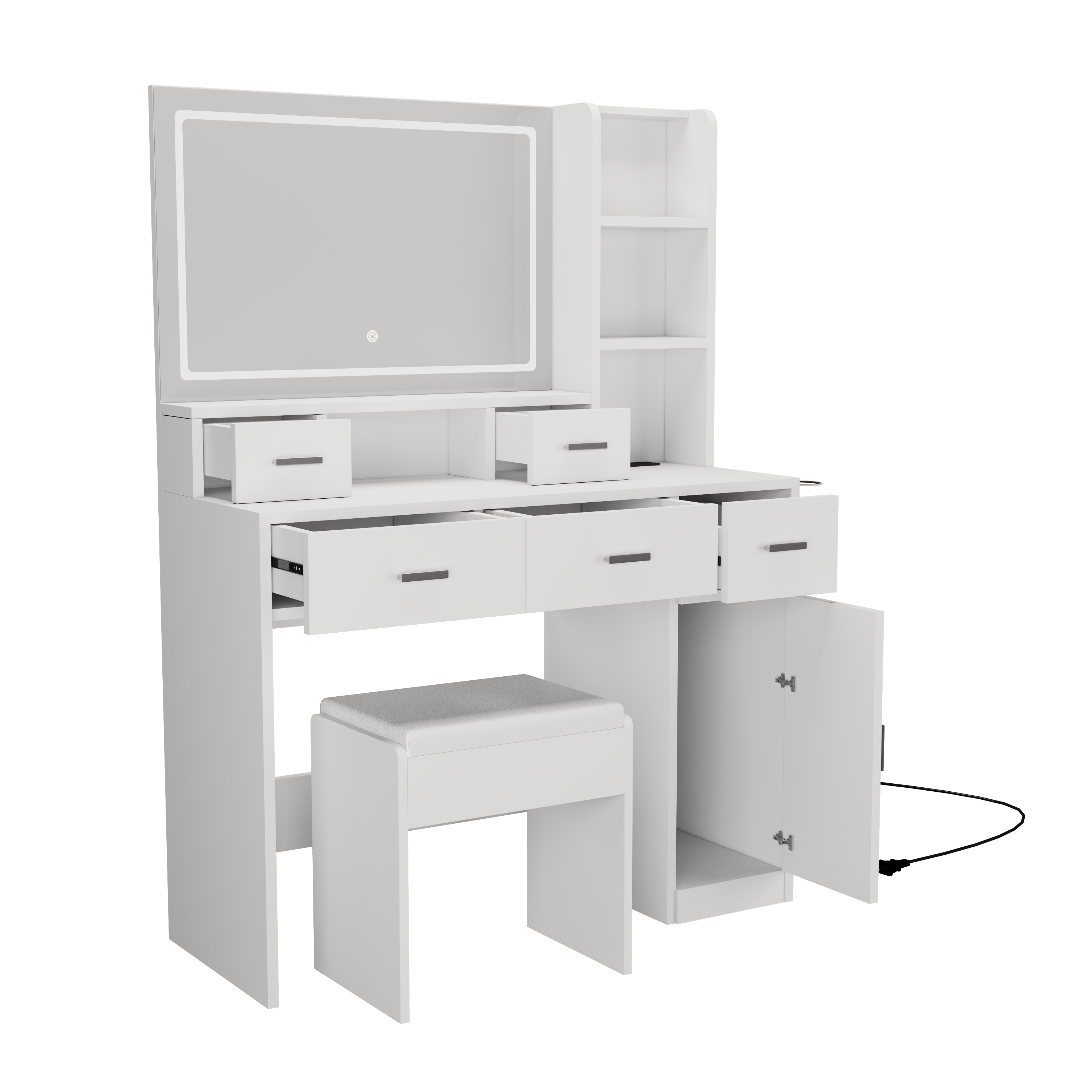 HAOYYE White dressing table with LED 3-color illuminated mirror and power outlet, dressing table with drawers, storage box and shelf, dressing table with bedroom cushioned stool