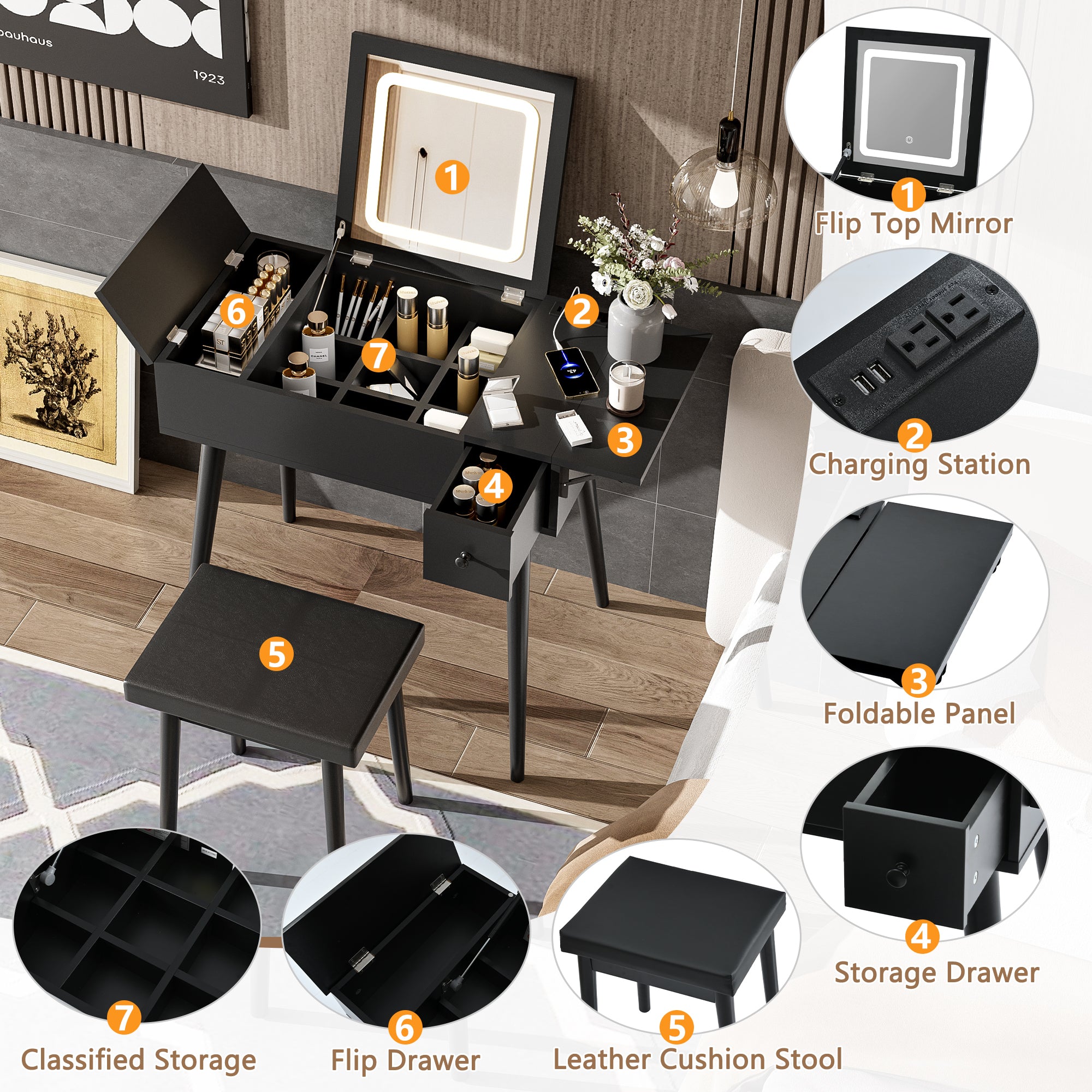 HAOYYE 27.9'' Black Makeup Vanity Desk with Flip Top Mirror and LED Light, Dressing Table with Charging Station, 2 Drawers and Fold-up Panel, Vanity Set with Cushioned Stool for Bedroom