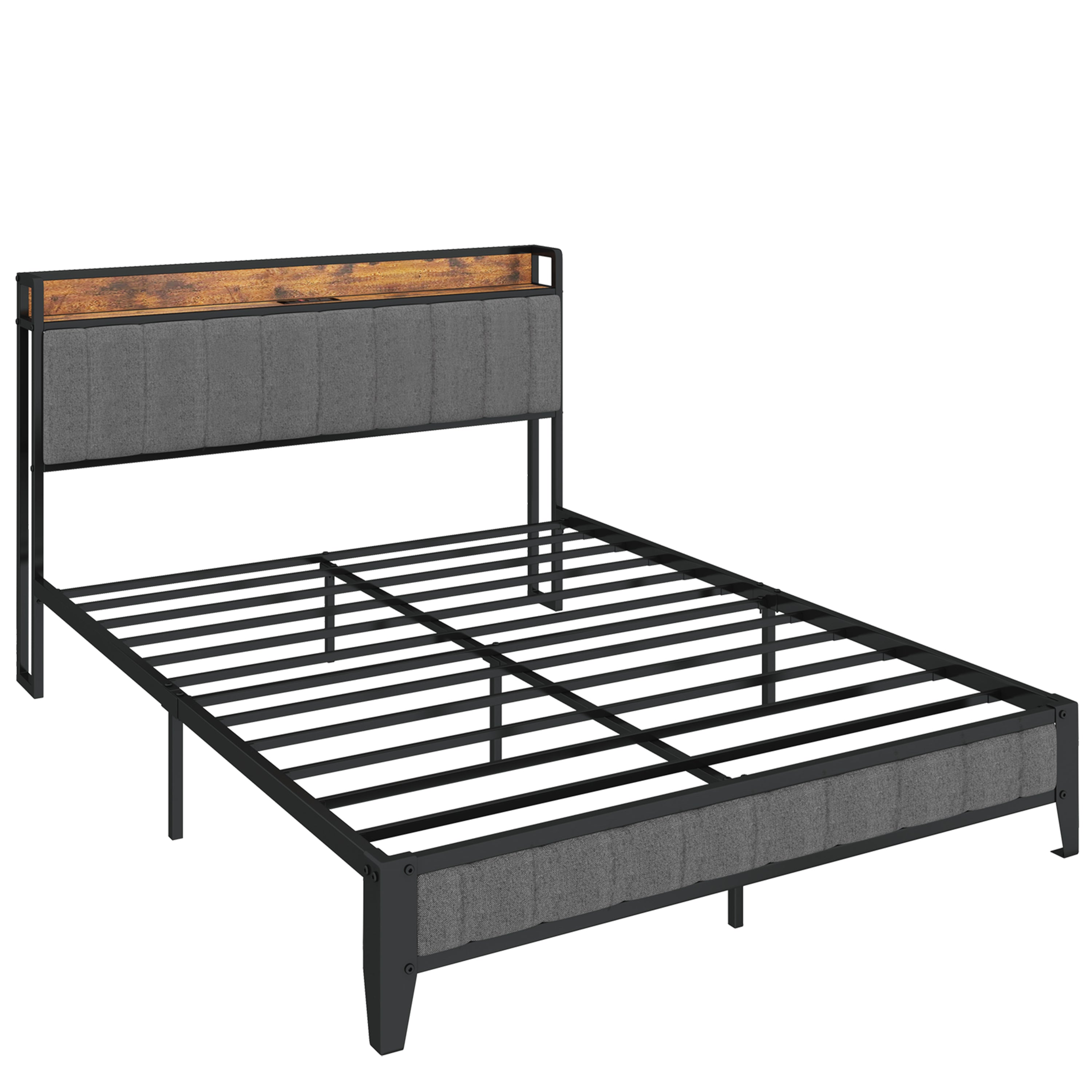 HAOYYE Queen Size Bed Frame with Charging Station, Upholstered Headboard, Metal Platform, Grey Sturdy Space-Saving Heavy Duty Modern Design Adults Dorm Room Easy Assembly Bedroom Furniture