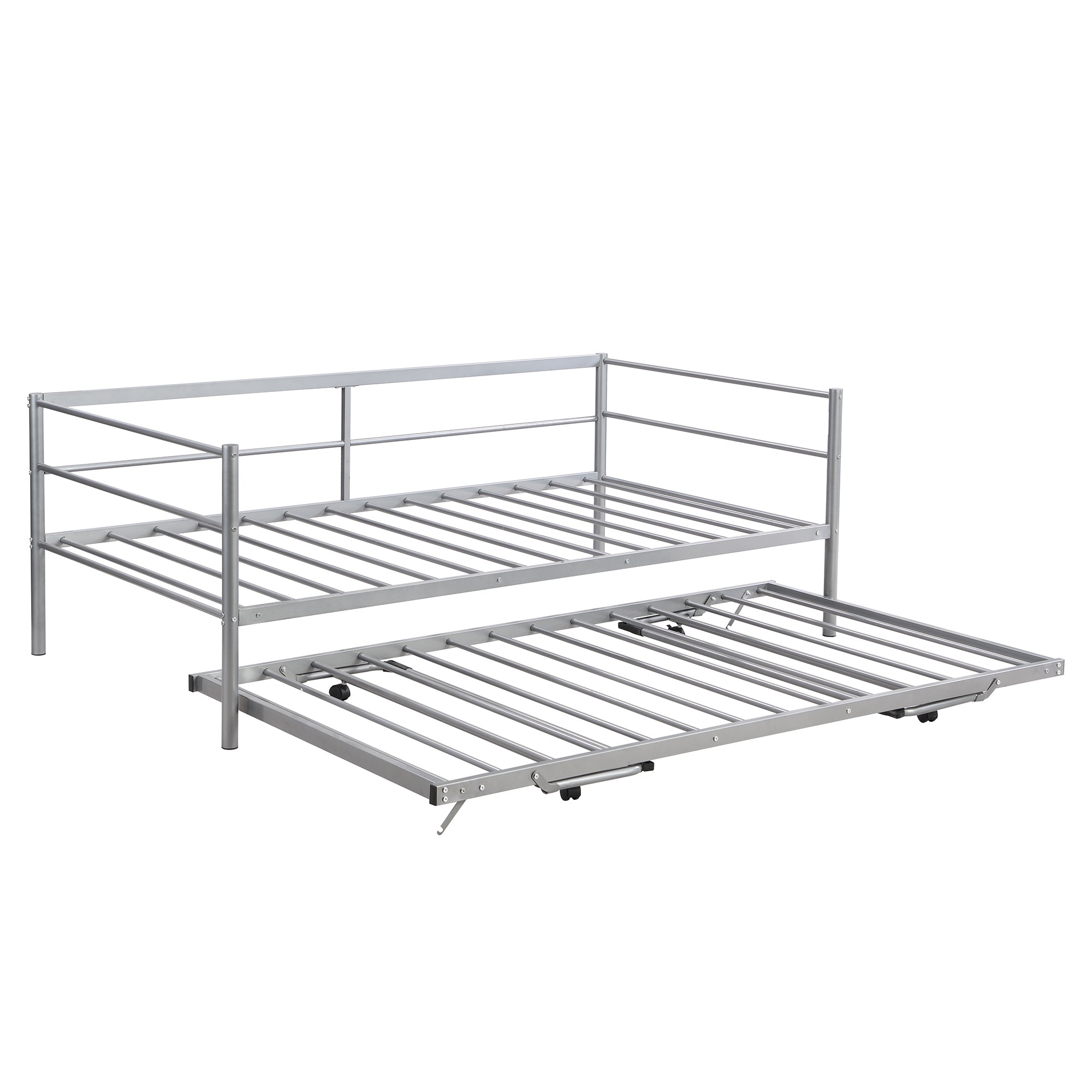 HAOYYE Twin Size Metal Daybed with Adjustable Trundle, Pop Up Trundle, Silver Sturdy Space-Saving Heavy Duty Modern Design Adults Dorm Room Easy Assembly Bedroom Furniture
