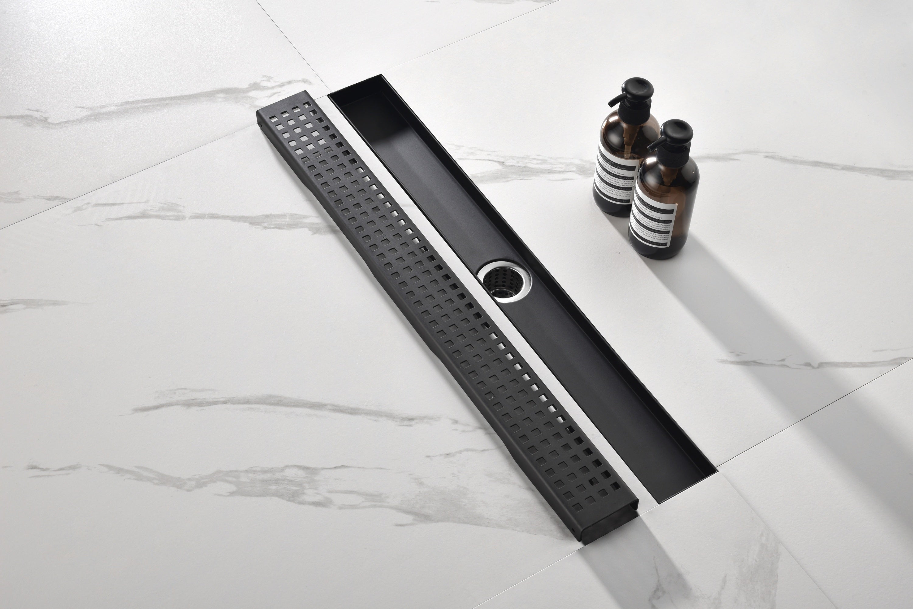 HAOYYE Linear Shower Drain with Removable Quadrato Pattern Grate, 304 Stainless Shower Drain Included Hair Strainer and Leveling Feet Sturdy Space-Saving Heavy Duty Modern Design Adults Dorm Room