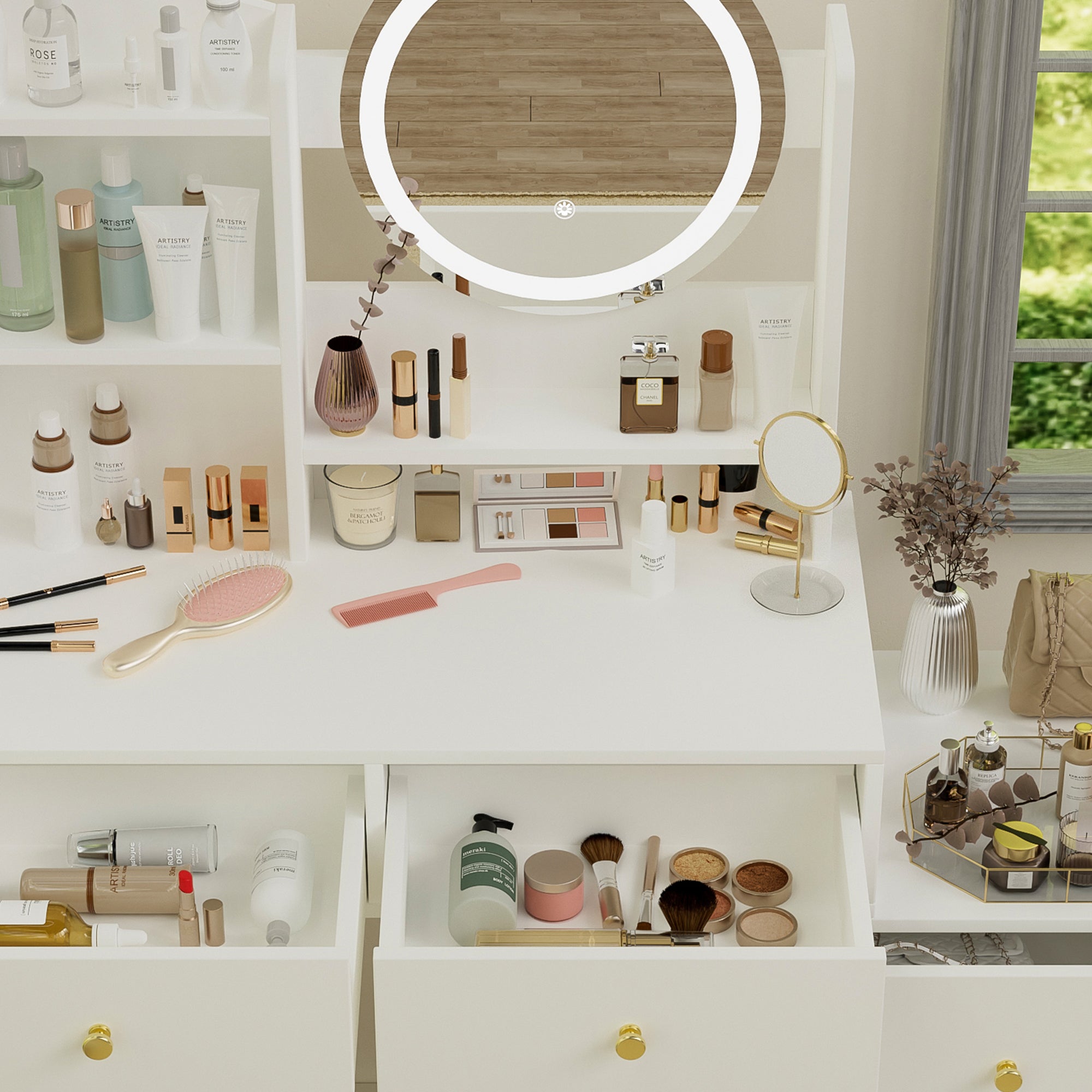 HAOYYE Fashion Vanity Desk with Mirror and Lights for Makeup and Cushioned Chair, Vanity Mirror with Lights and Table Set with 3 Color Lighting Brightness Adjustable,Dressing table, White Color Sturdy