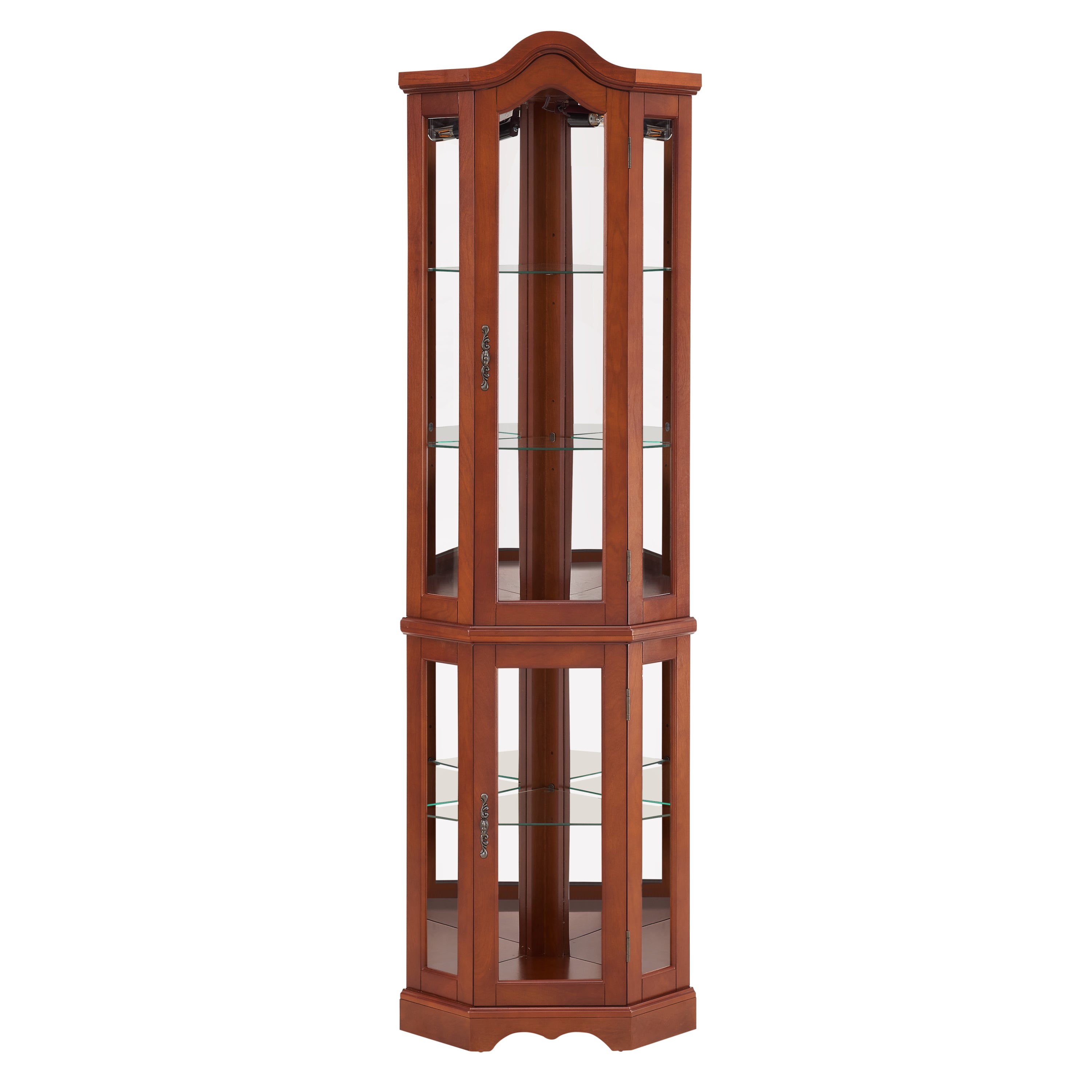 HAOYYE Corner Curio Cabinet with Adjustable Tempered Glass Shelves, Mirrored Back, LED Lights, Elegant Display Cabinet in Walnut Finish, Sturdy Space-Saving Design, Modern Heavy Duty Storage for Home, Office, Living Room