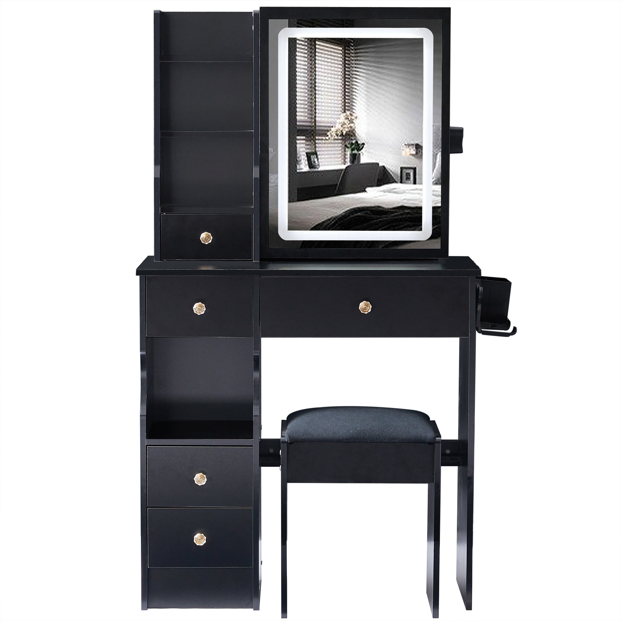 HAOYYE Small Size Left Drawer Desktop Vanity Table + Cushioned Stool, 2 AC+2 USB Power Station, Hair dryer bracket, Extra Large Touch Control Sliding LED Mirror, Tri-color Switching, EPA,GCC,UL Certificate