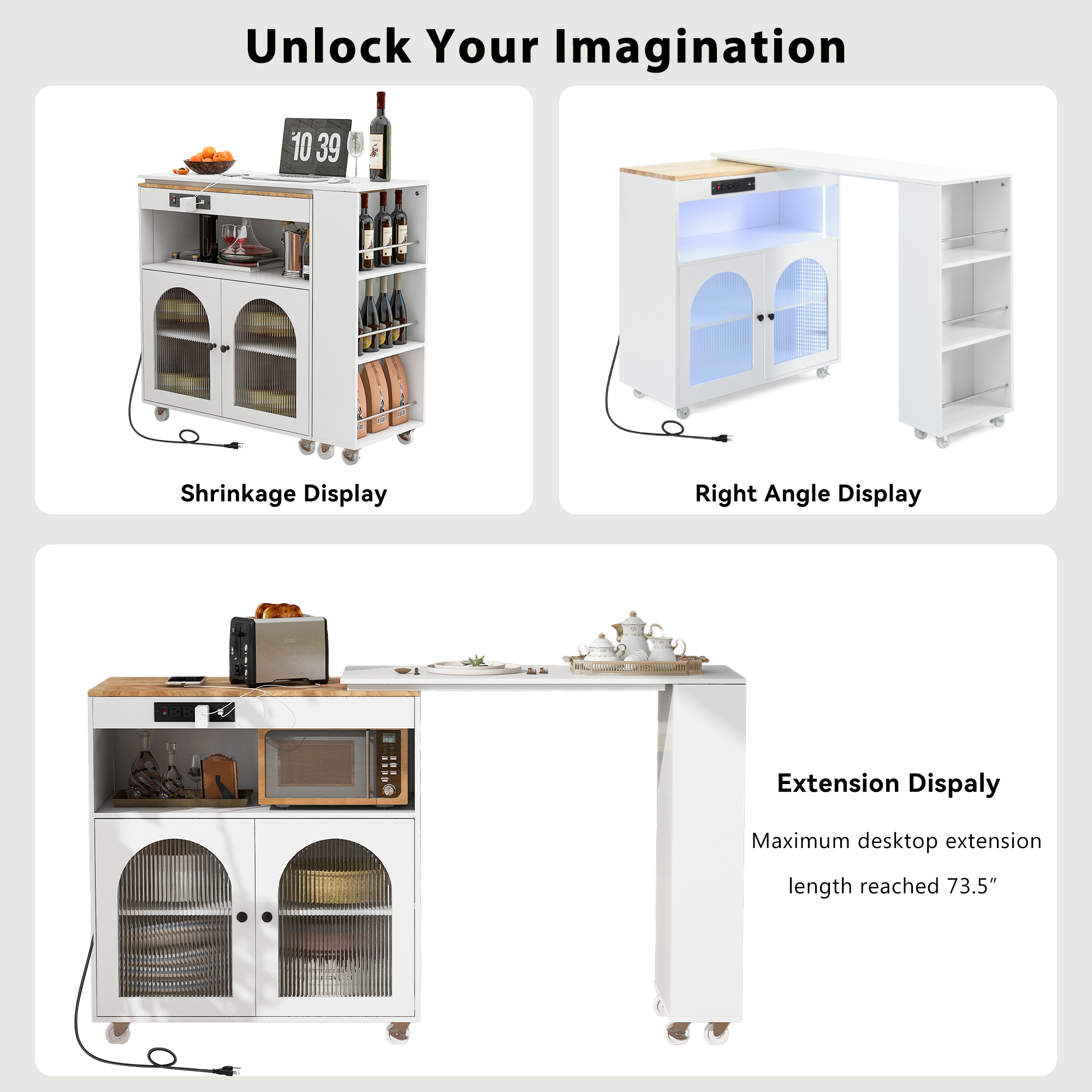 HAOYYE K&K Rolling Kitchen Island With Extended Table, Kitchen island on Wheels with LED Lights,Power Outlets and 2 Fluted Glass Doors, Kitchen Island with a Storage Compartment and Side 3 Open Shelves,White