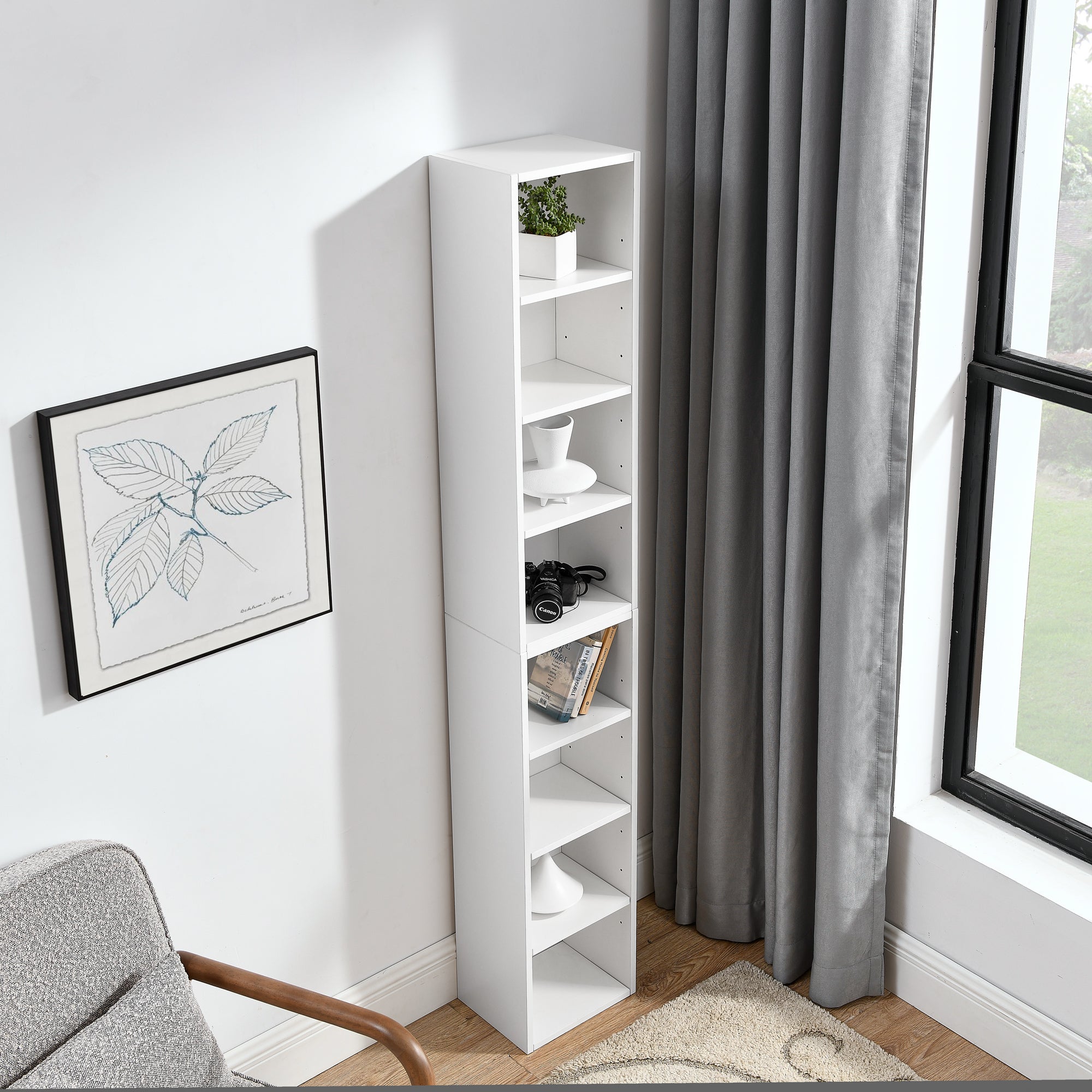 Haoyye 8-Tier Media Tower Rack, CD DVD Slim Storage Cabinet, Adjustable Shelves for Home Office, Multifunctional Double-Decker Bookcase, Sturdy Space-Saving Bookshelf for Tall Narrow Display